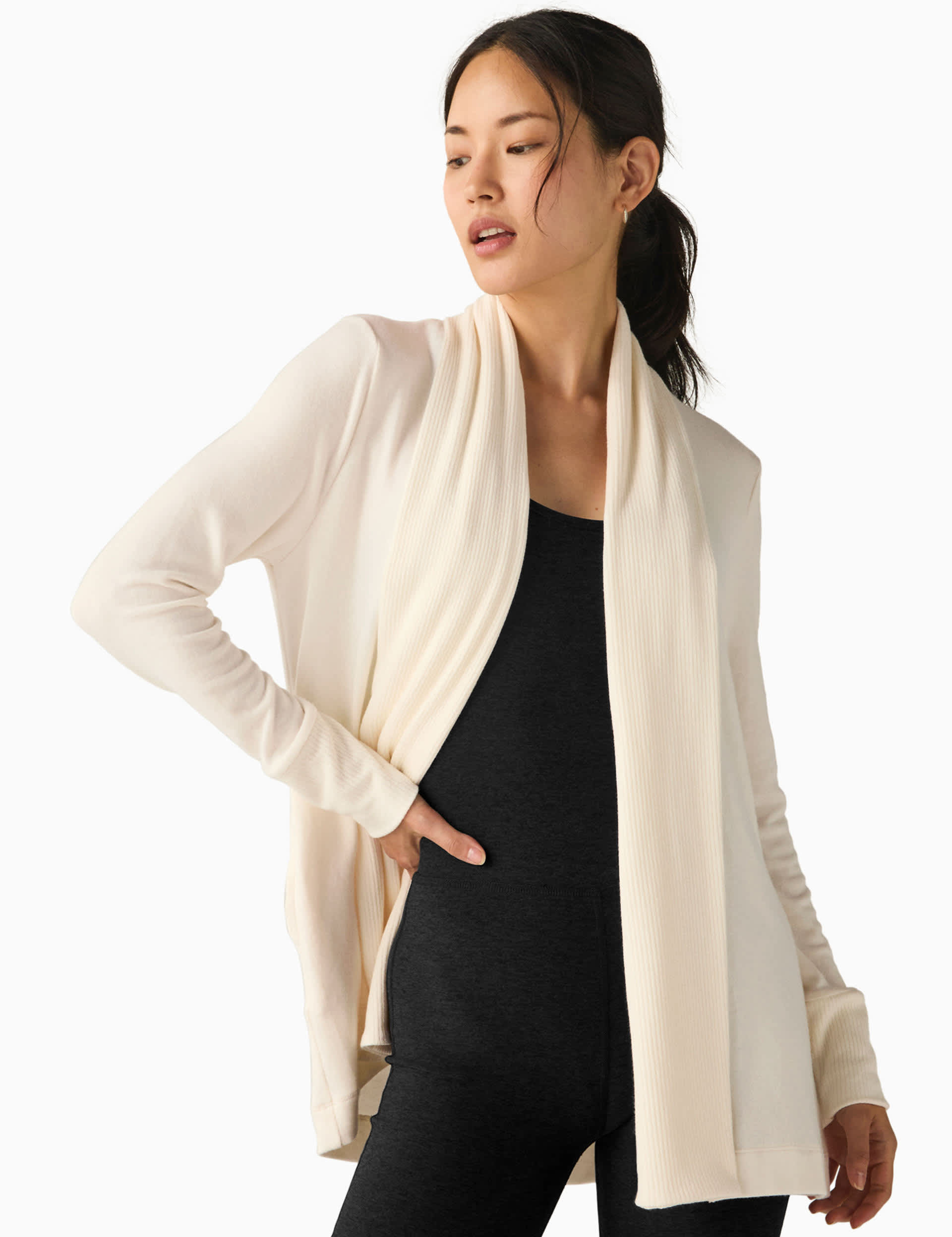 Beyond Yoga Women's Relax Rib Edge to Edge Relaxed Cardigan - M - White, White,Black