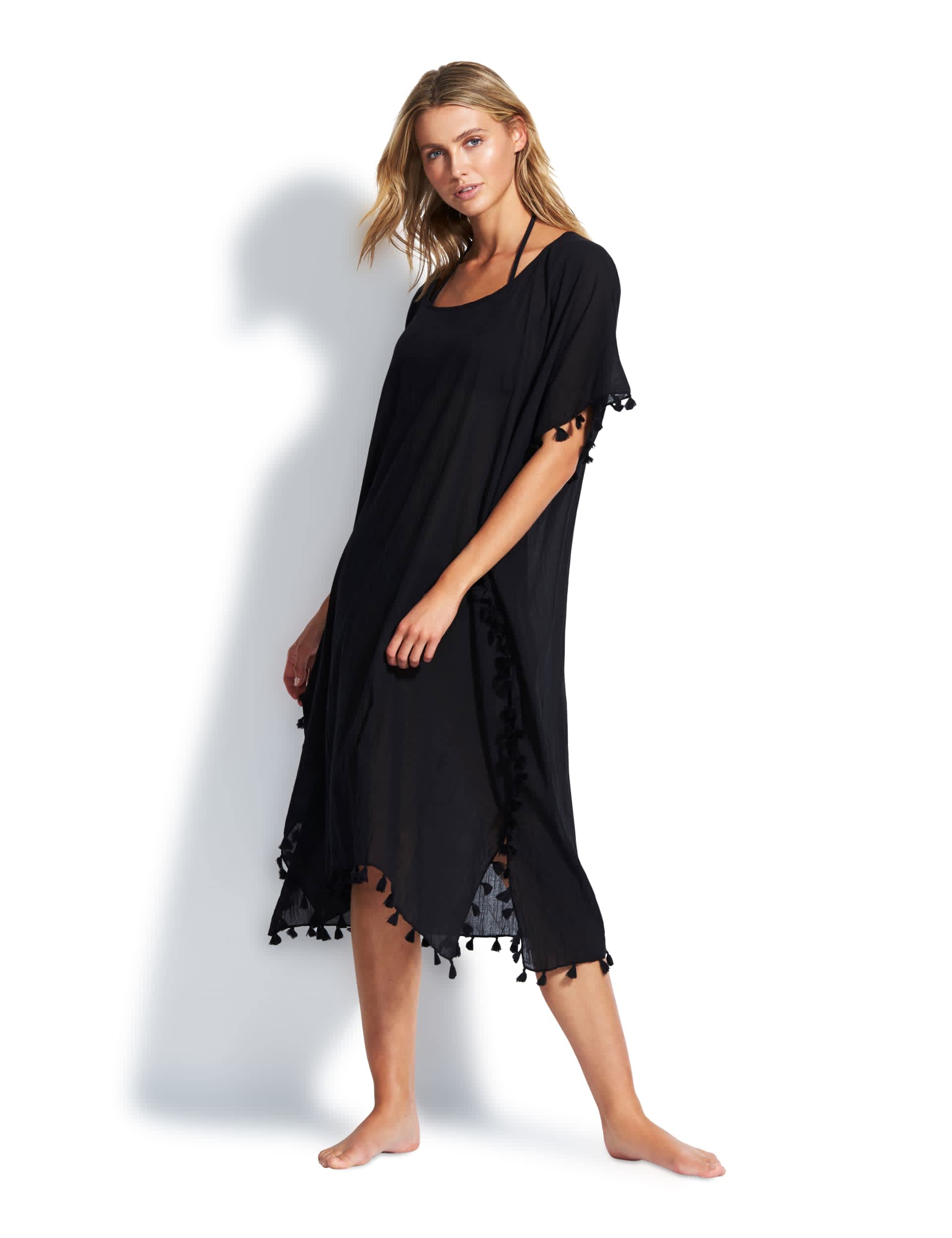 Seafolly Women's Pure Cotton Tassel Trim Kaftan Beach Dress - Black, Black