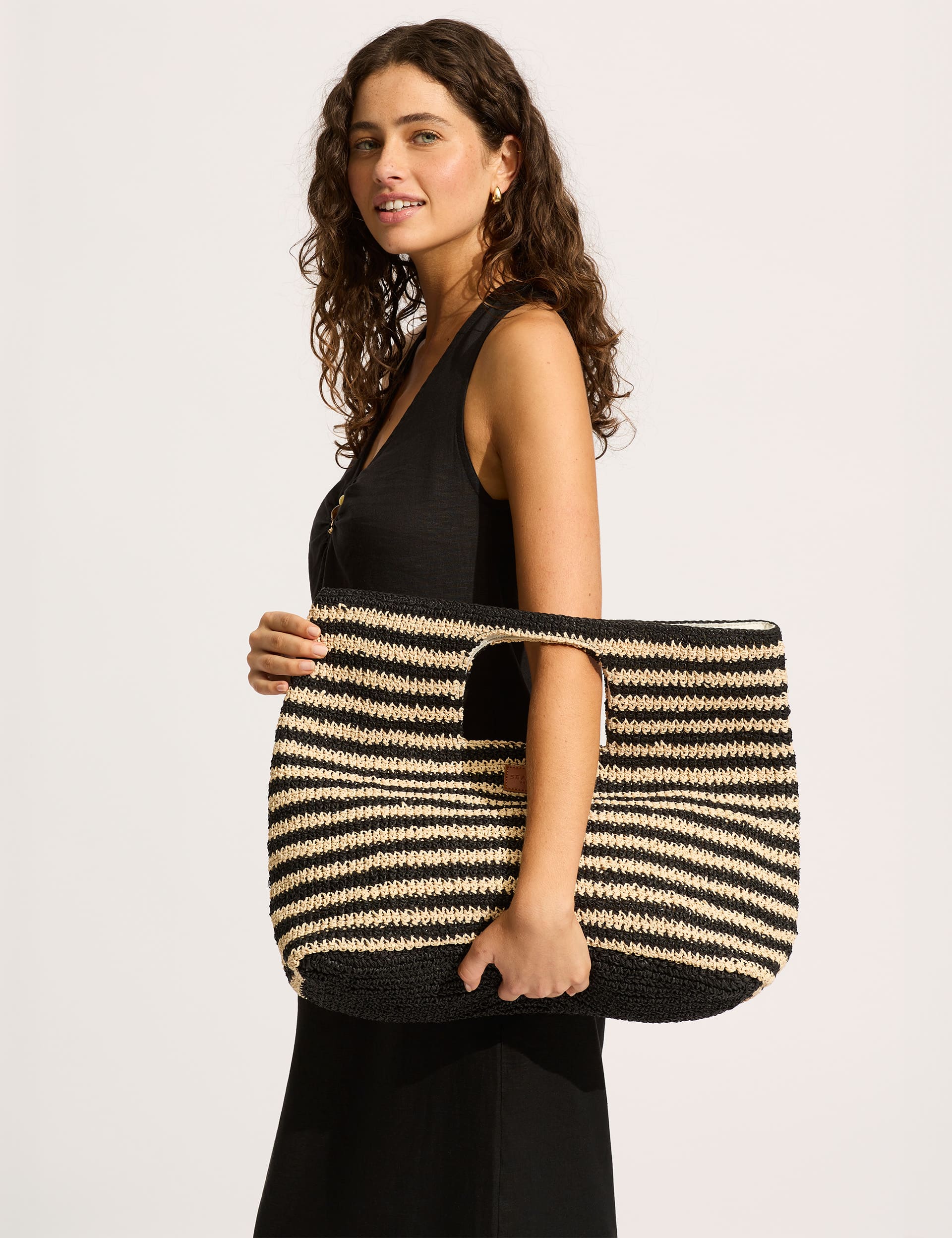 Seafolly Women's Raffia Woven Striped Tote Bag - Black Mix, Black Mix