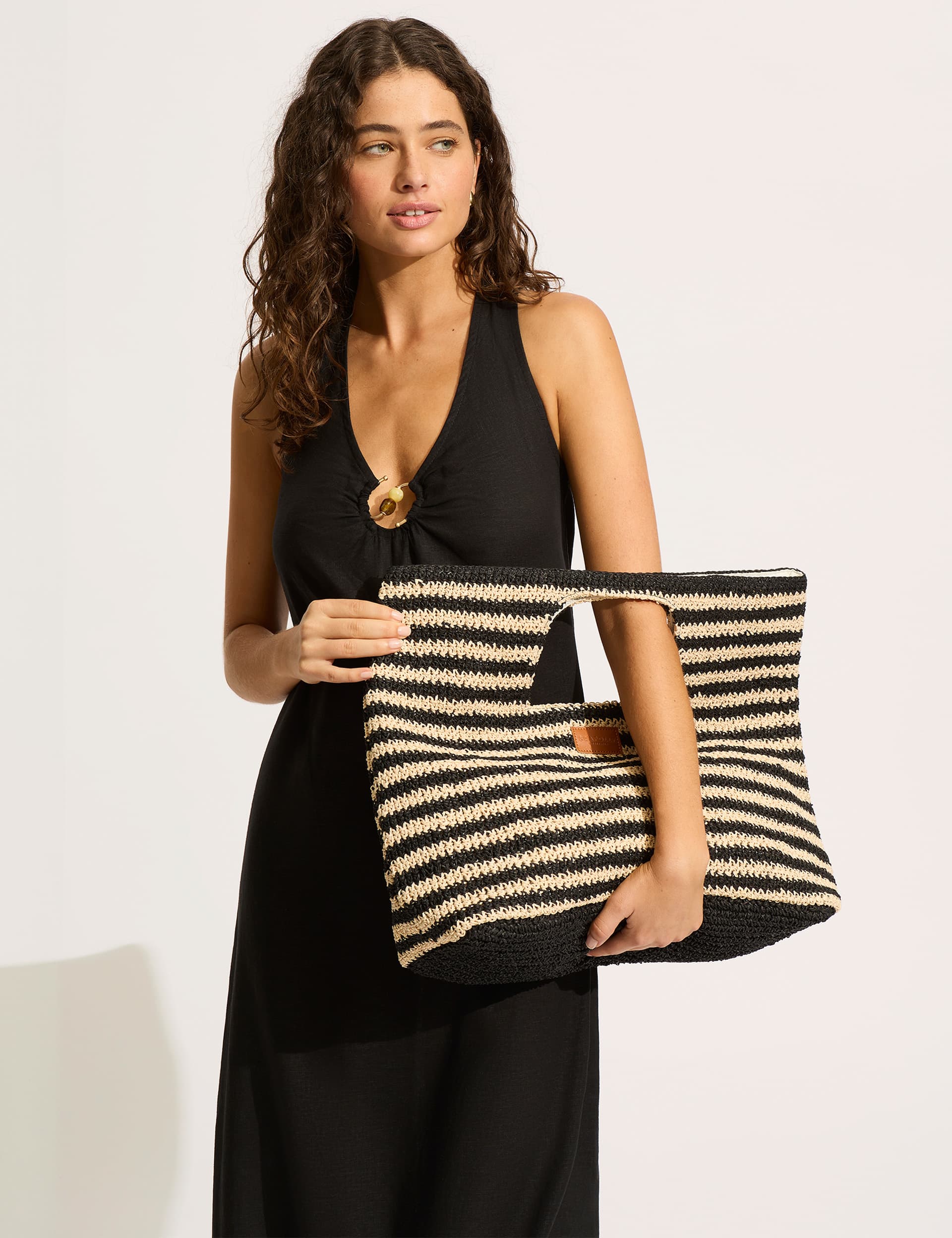 Seafolly Women's Raffia Woven Striped Tote Bag - Black Mix, Black Mix