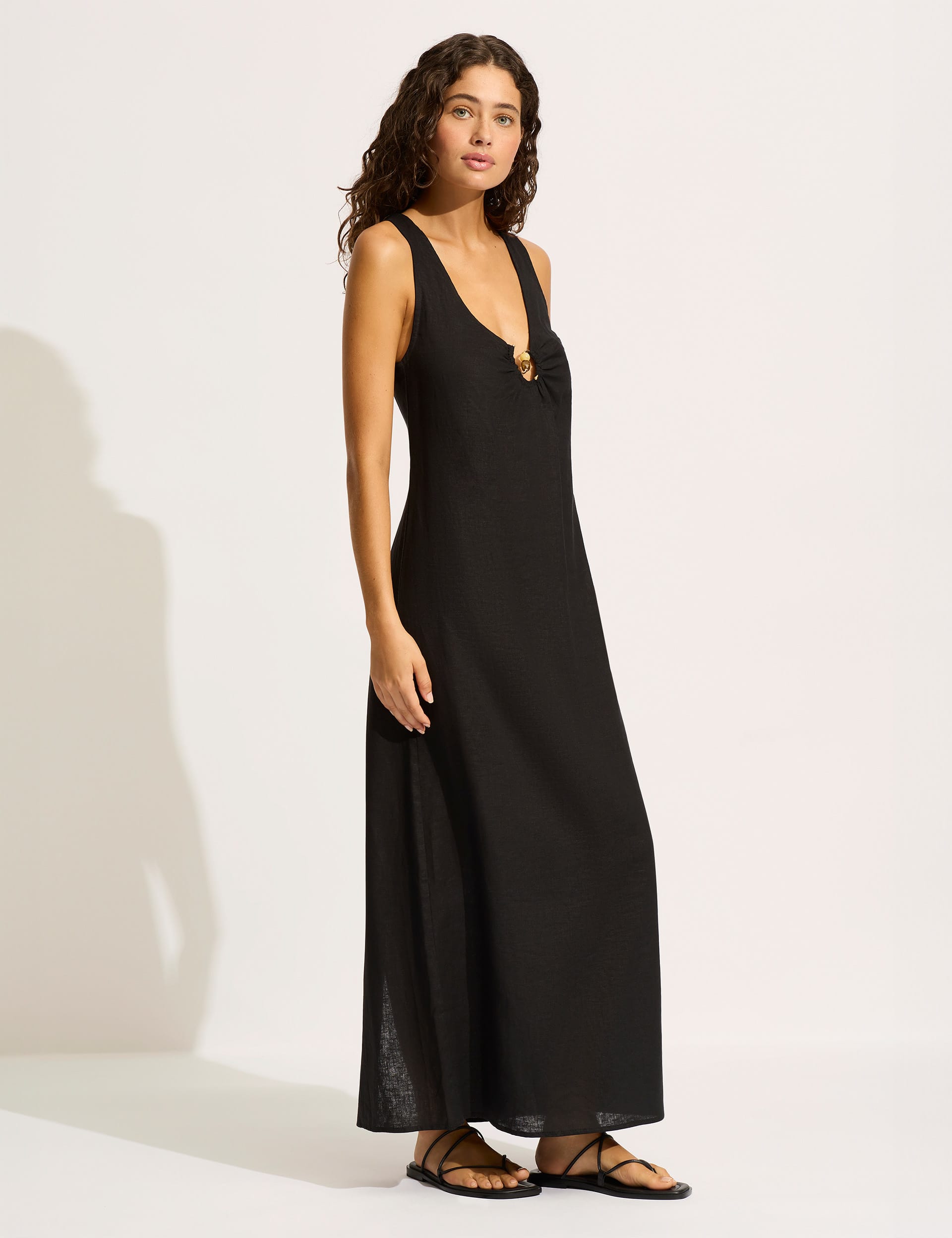 Seafolly Women's Palermo Linen Rich Keyhole Maxi Beach Dress - Black, Black