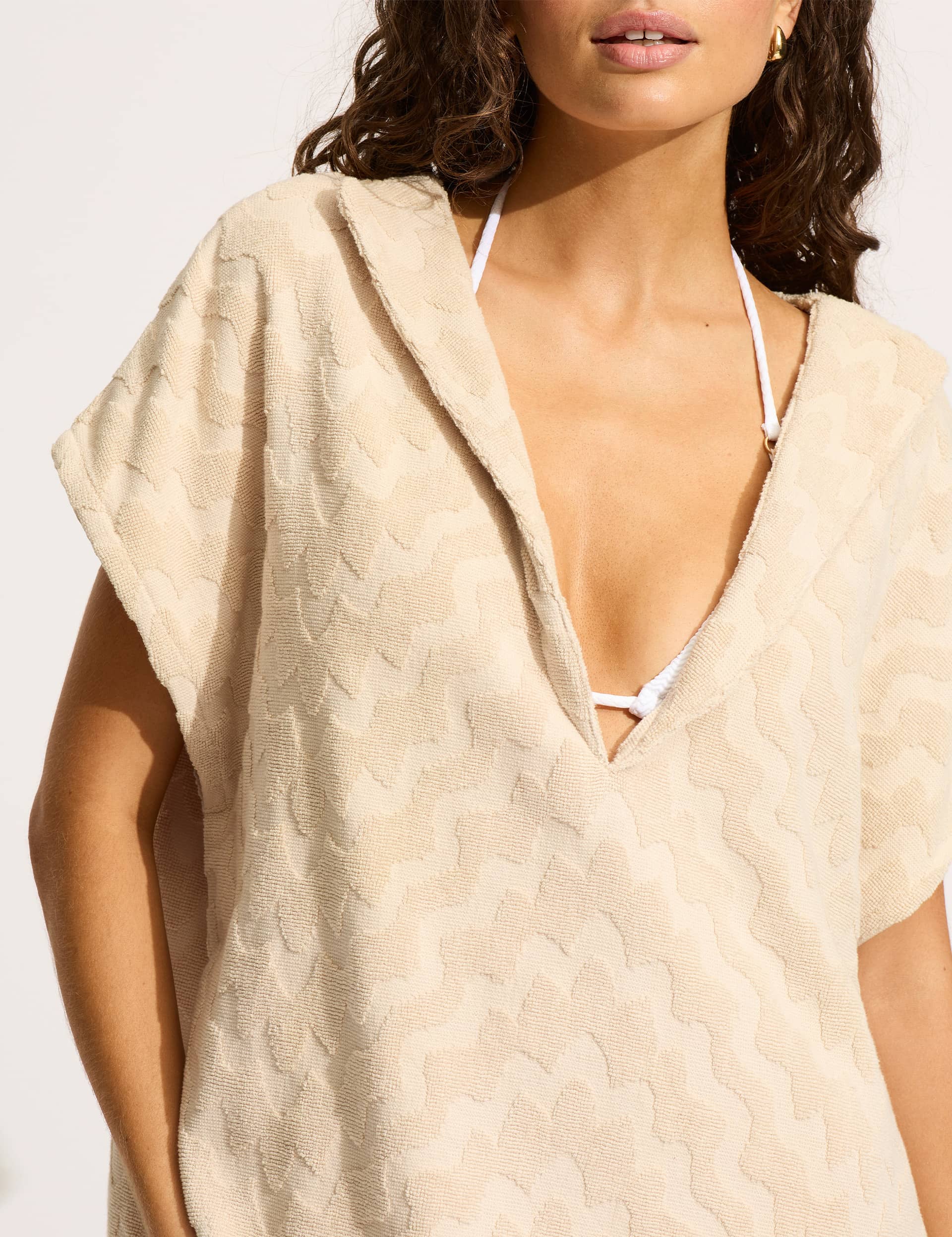 Seafolly Women's Cotton Towelling Textured V-Neck Poncho - L-XL - Neutral, Neutral