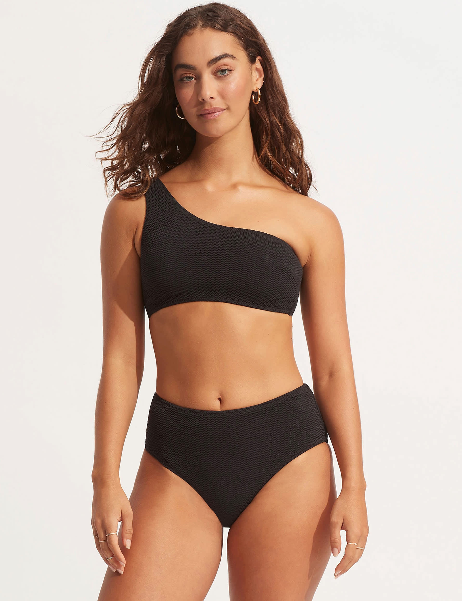 Seafolly Women's Sea Dive Textured High Waisted Bikini Bottoms - 10 - Black, Black