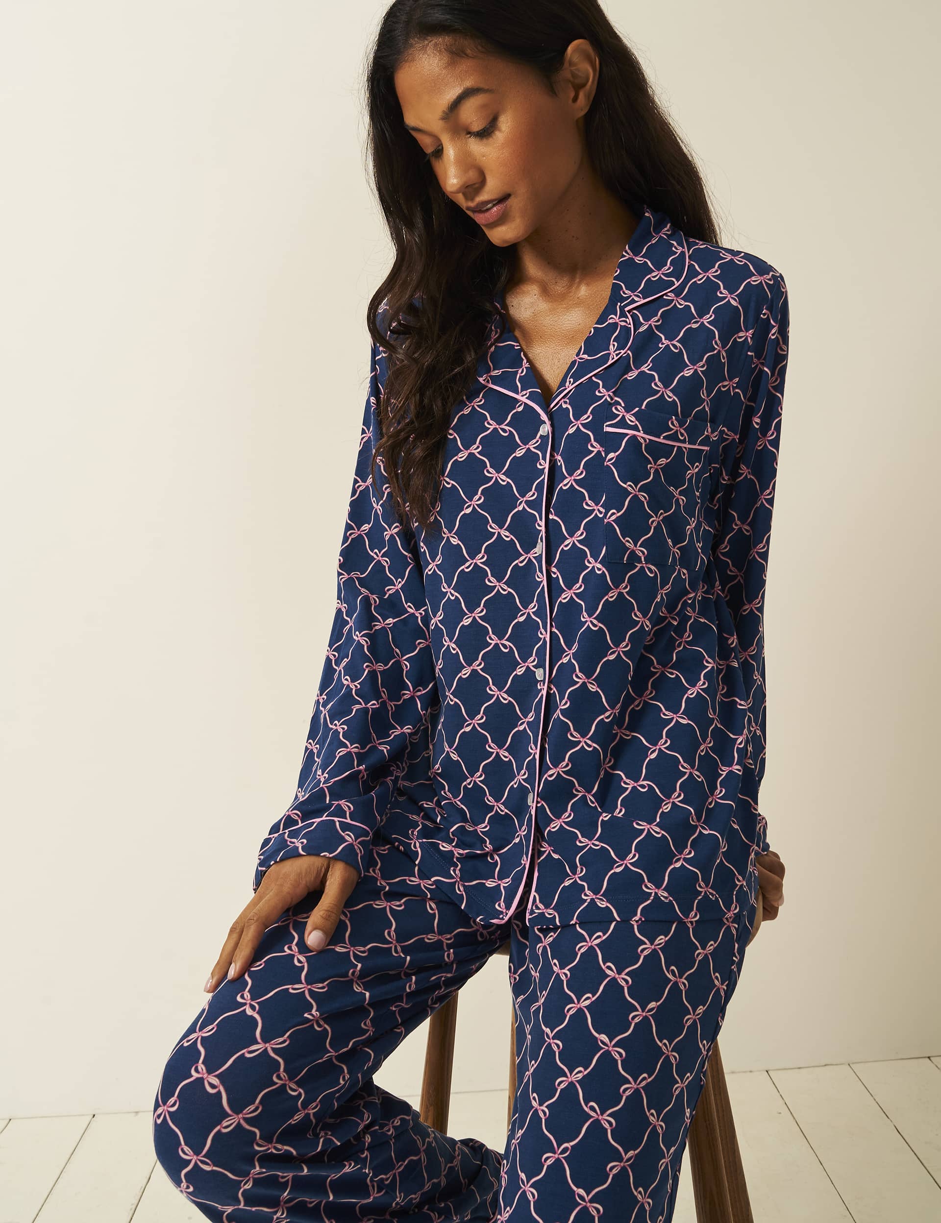 Stripe & Stare Women's Modal Rich Bow Print Revere Pyjama Set - Navy Mix, Navy Mix