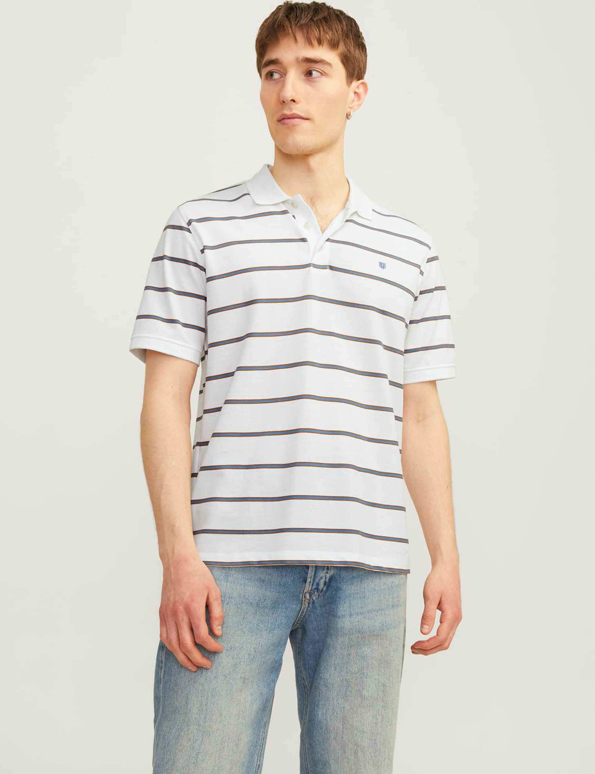 Jack & Jones Men's Cotton Blend Striped Polo Shirt - White Mix, White Mix