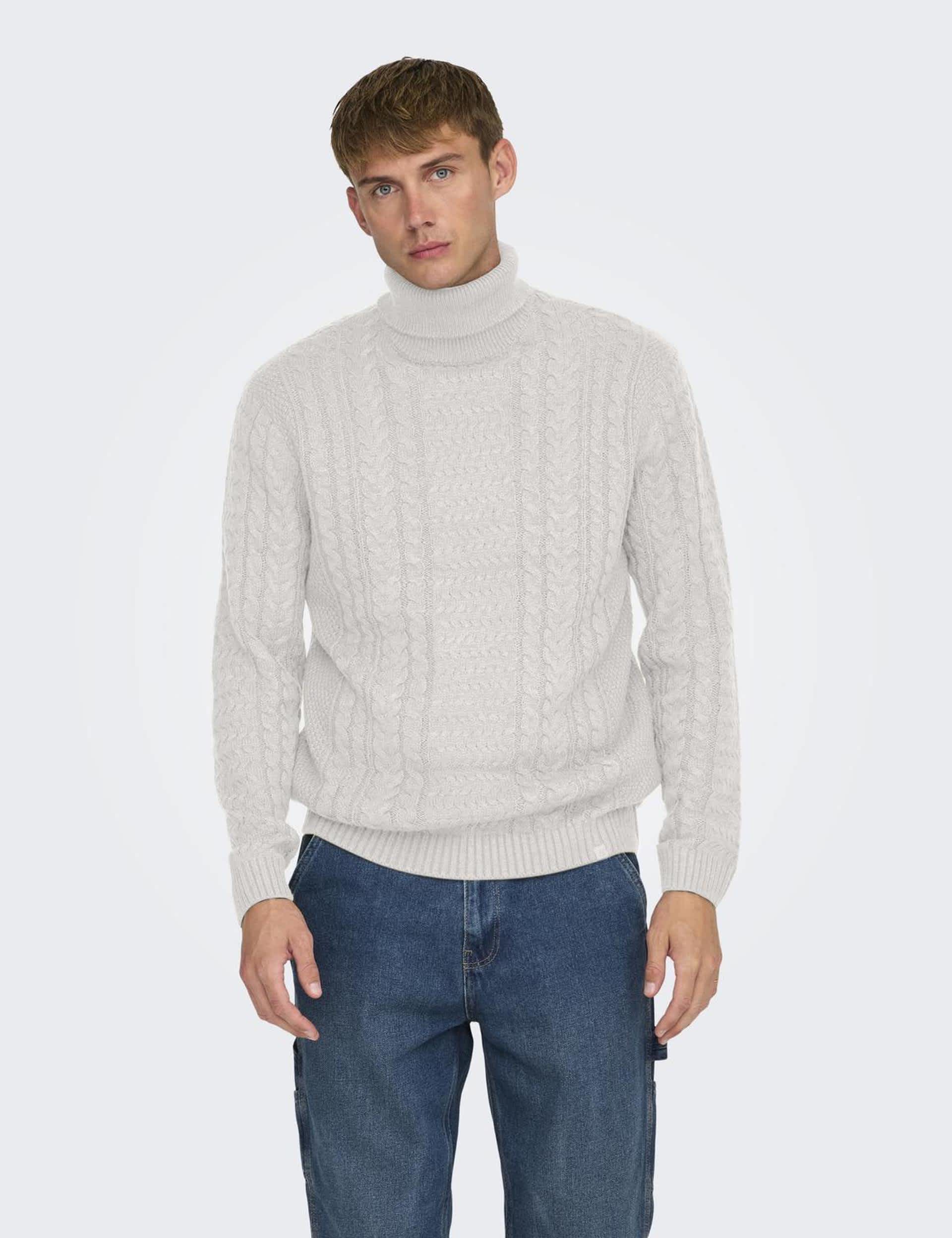 Only & Sons Men's Cotton Blend Cable Roll Neck Jumper - XL - White, White,Navy