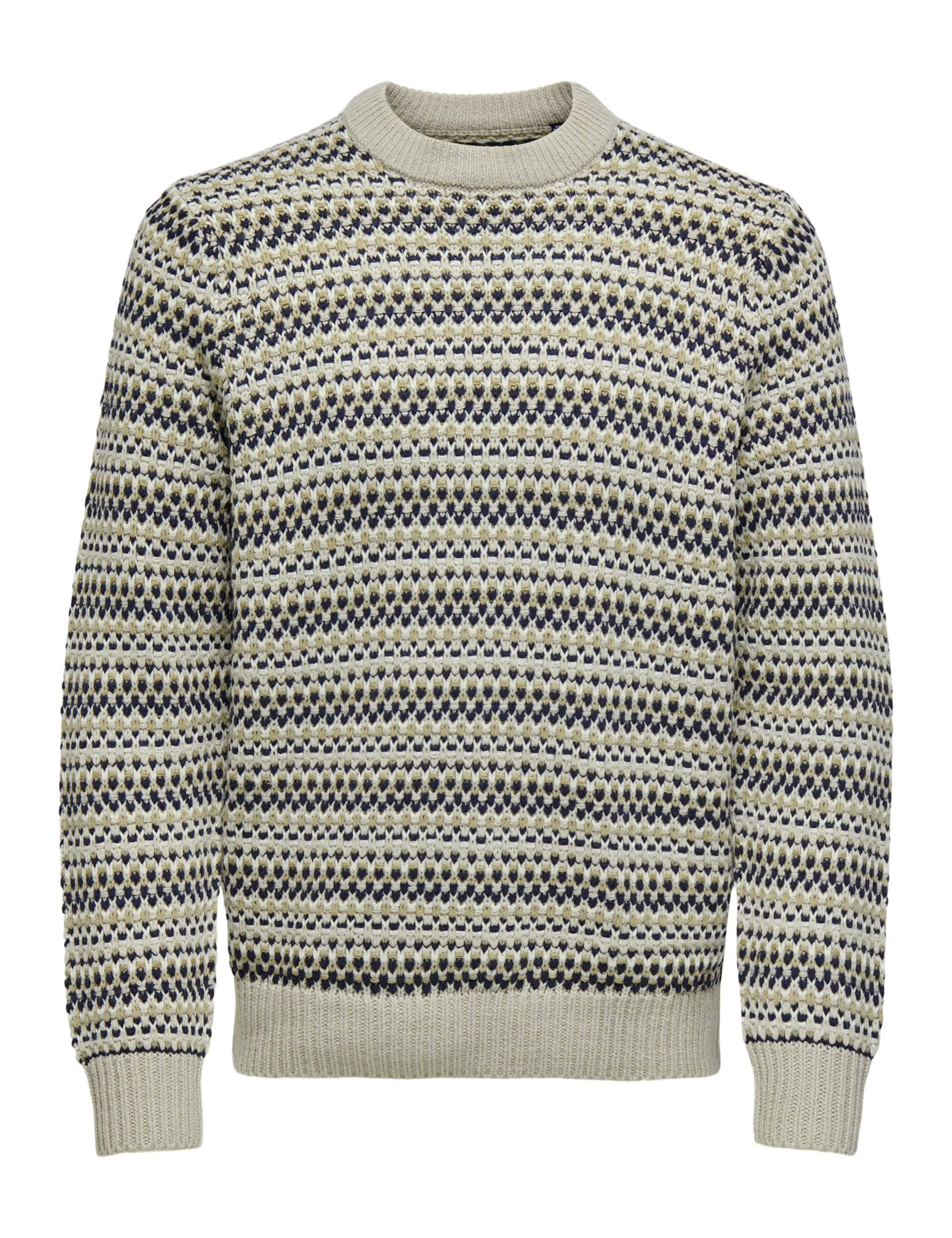 Only & Sons Men's Cotton Rich Patterned Crew Neck Jumper - Beige, Burgundy,Beige