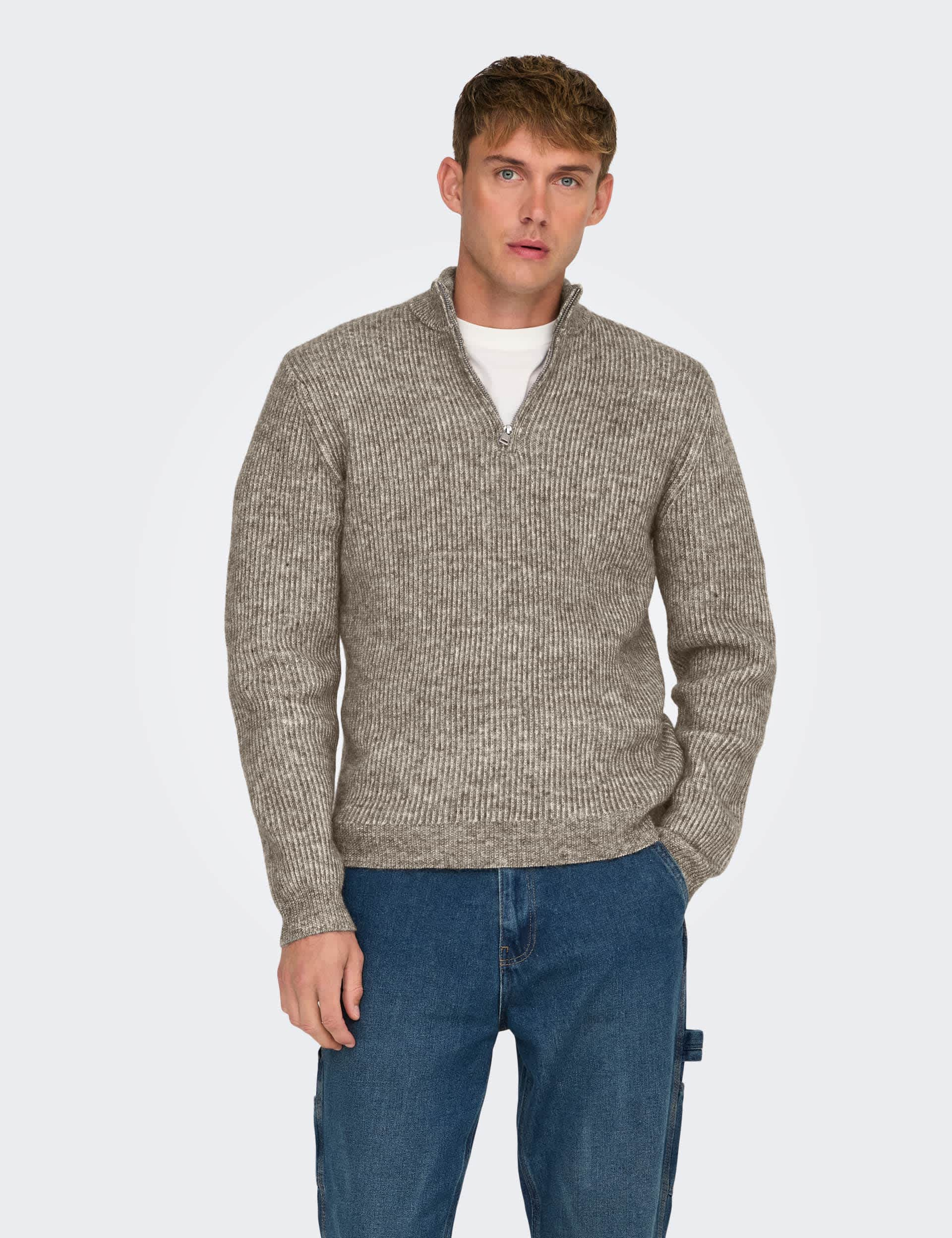 Only & Sons Men's Funnel Neck Half Zip Jumper - Beige, Khaki,Beige