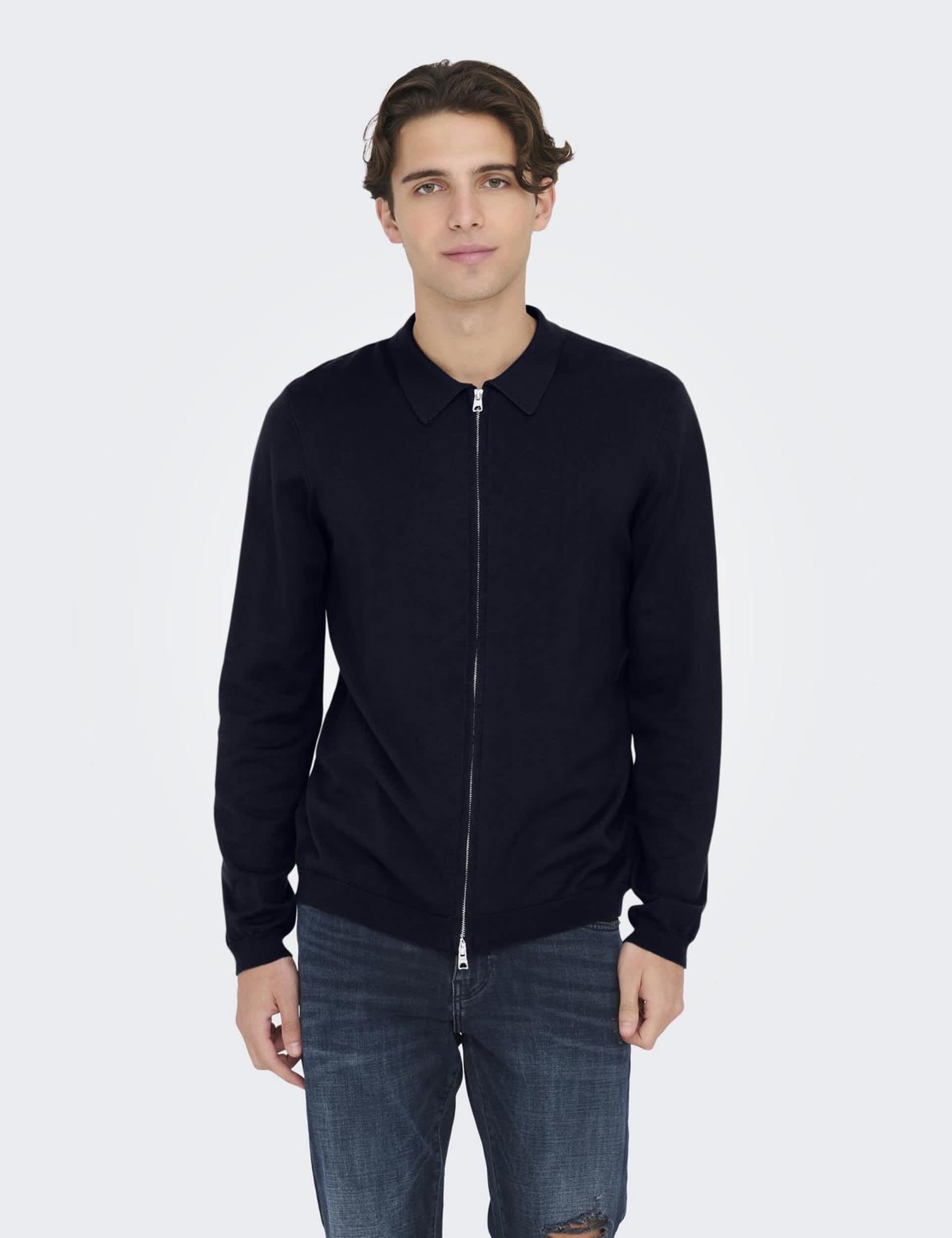 Only & Sons Men's Zip Up Jumper - L - Navy, Navy,Burgundy