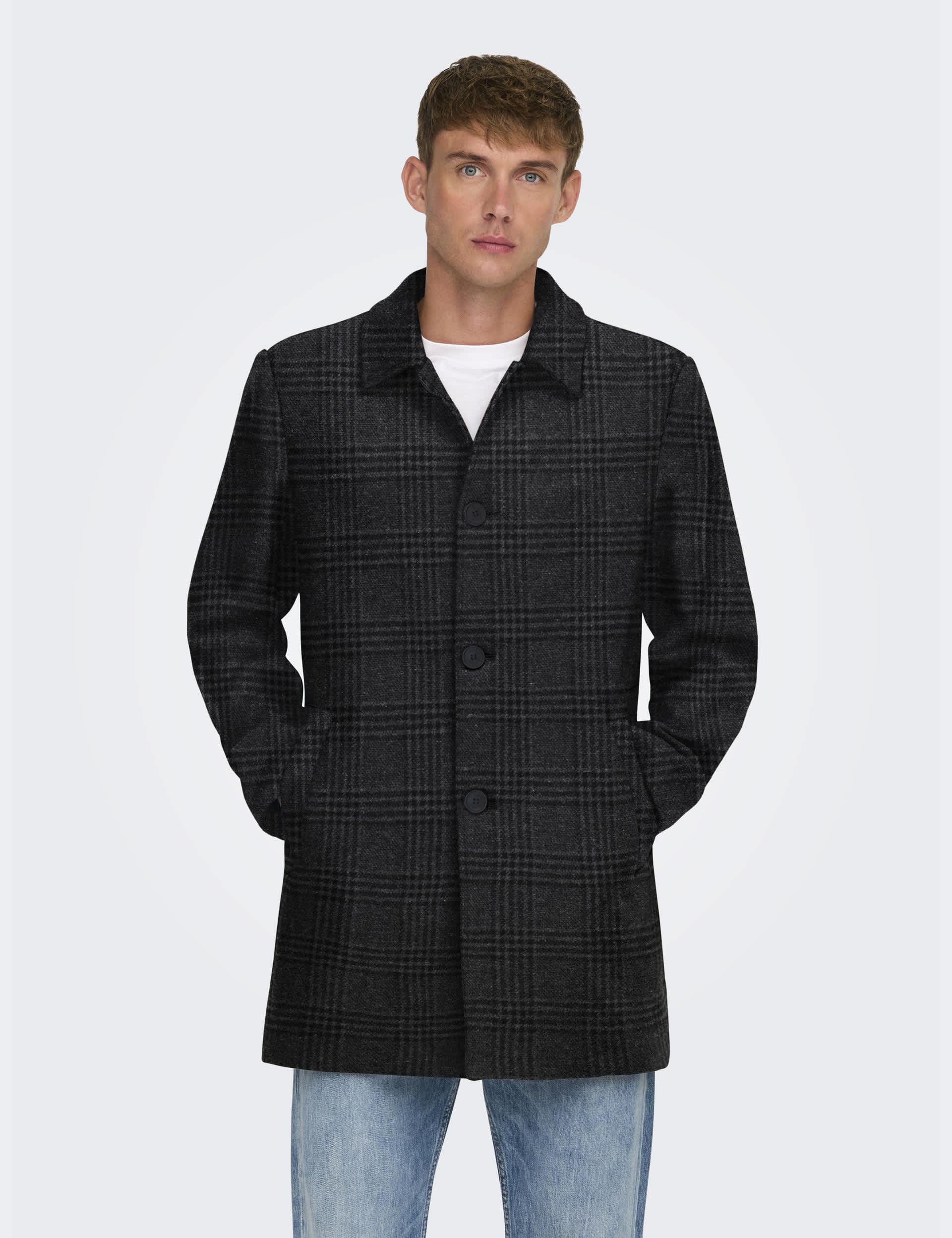 Only & Sons Men's Check Car Coat with Wool - M - Black Mix, Black Mix,Dark Grey