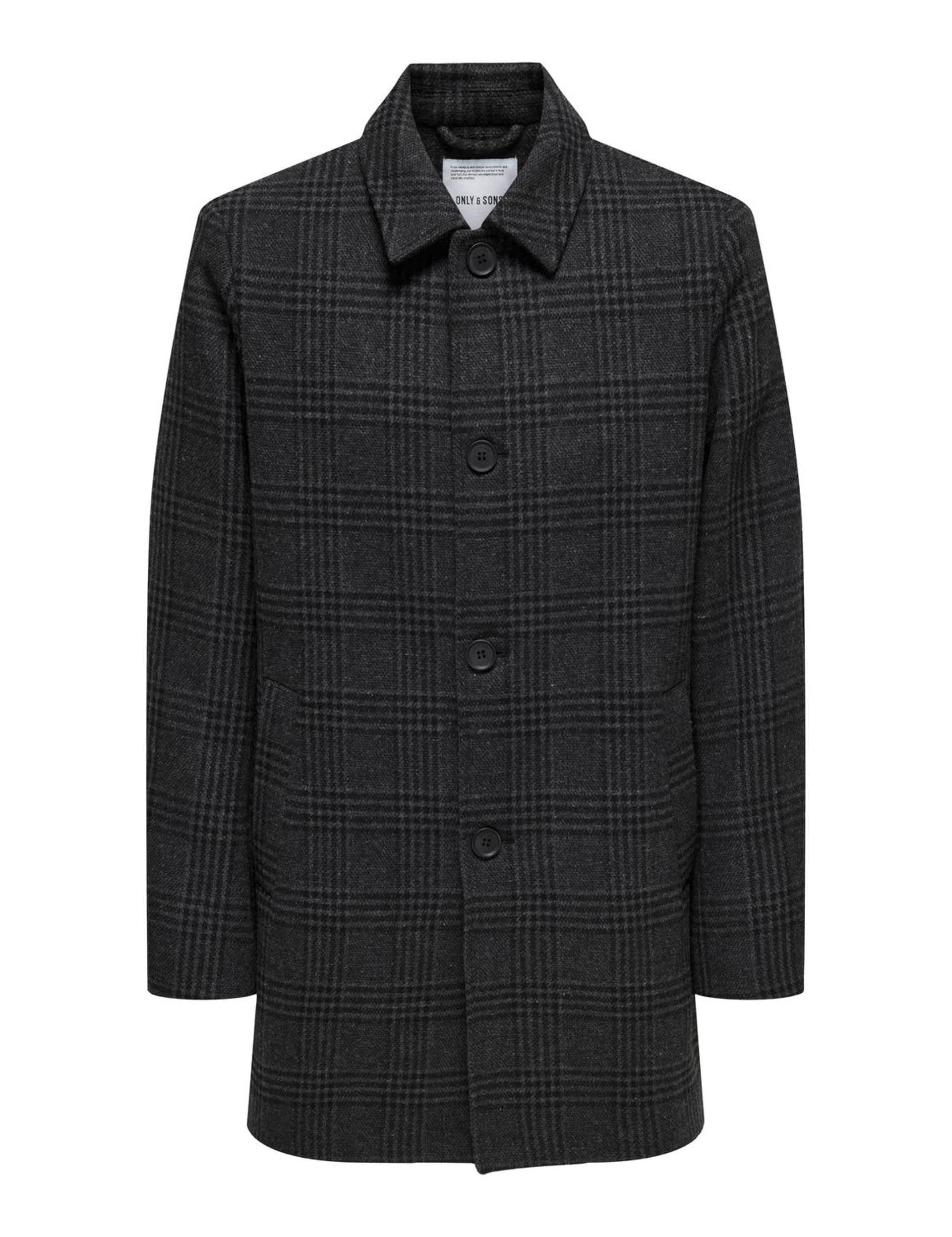 Only & Sons Men's Check Car Coat with Wool - M - Black Mix, Black Mix,Dark Grey