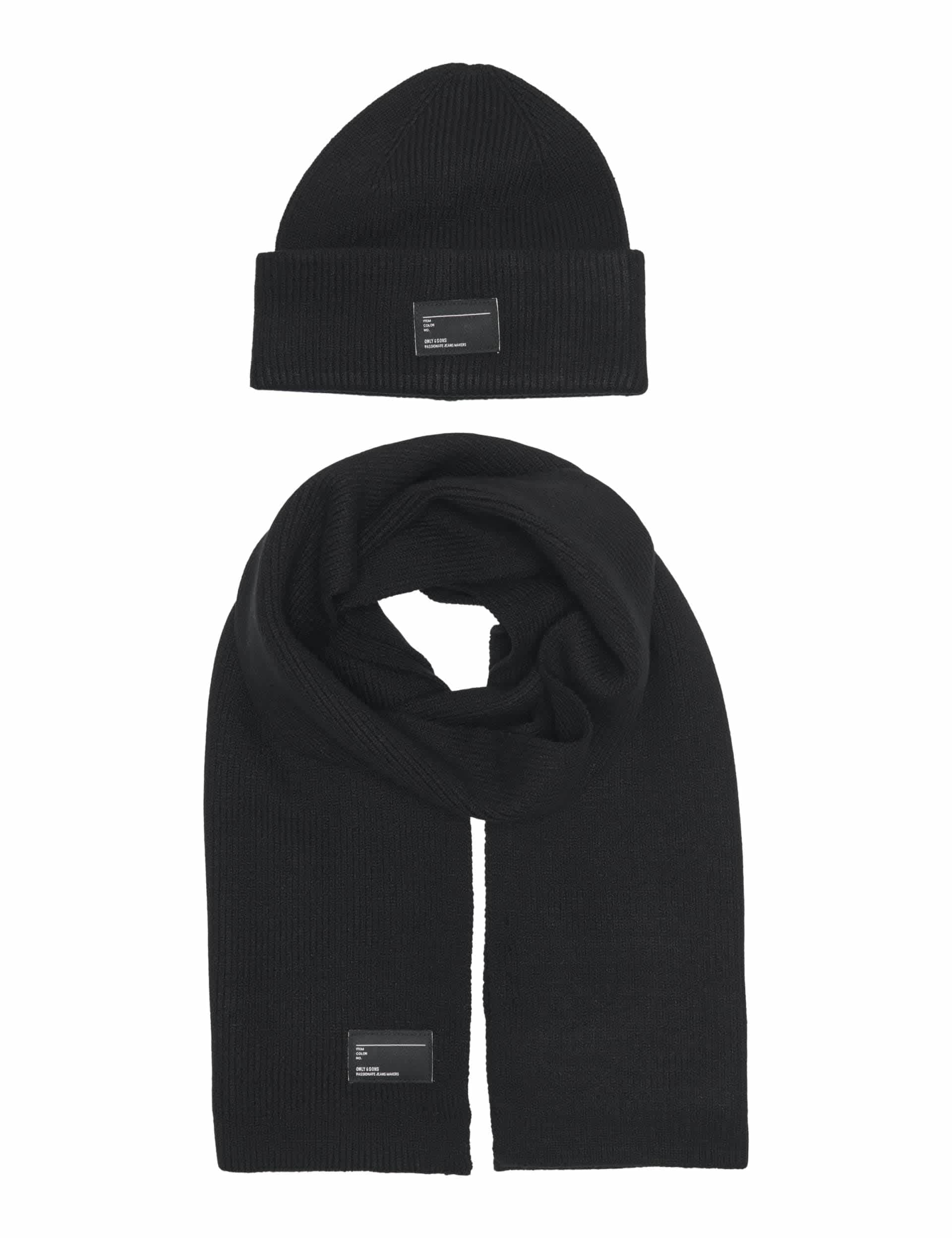 Only & Sons Men's Knitted Hat and Scarf Set - Black, Black