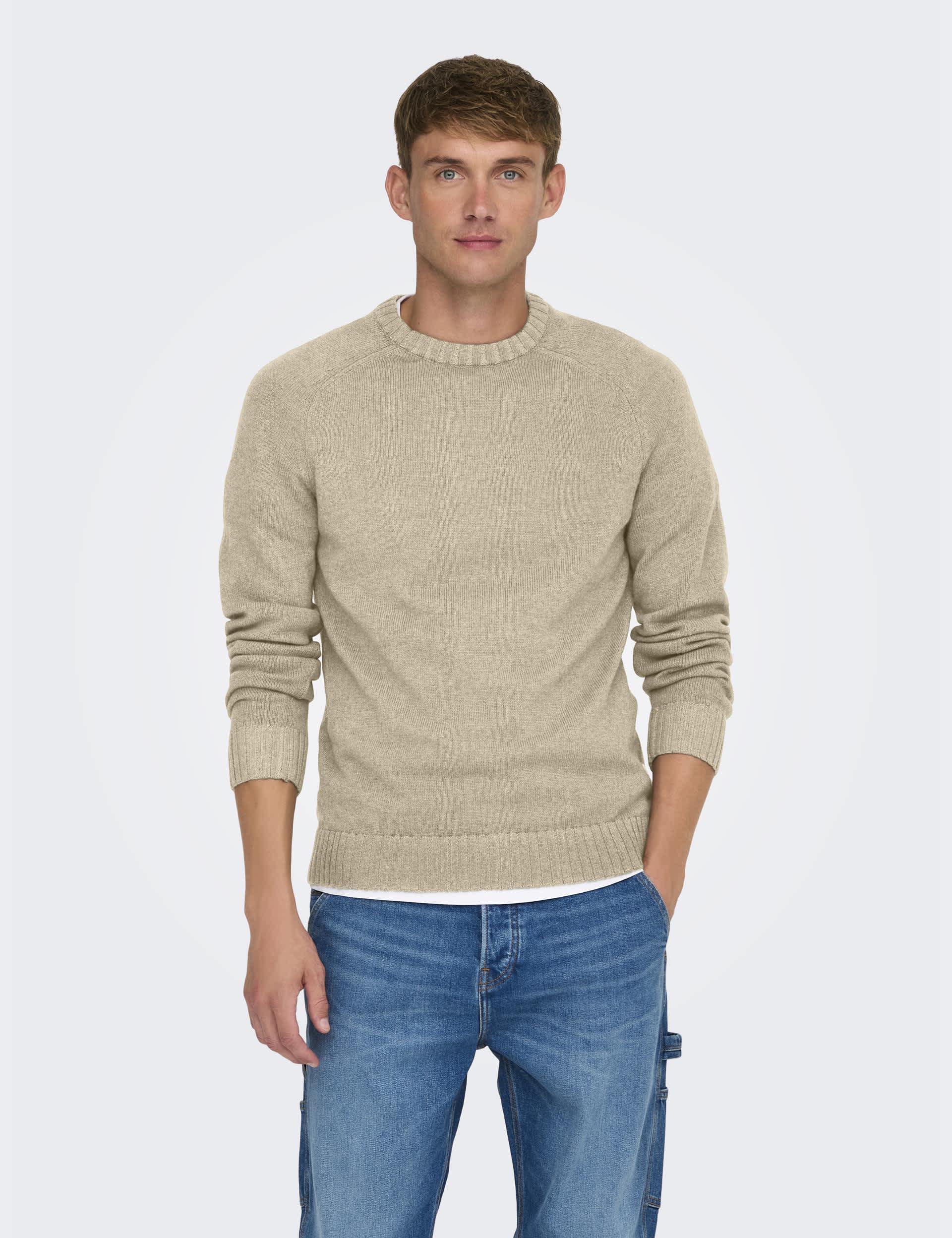 Only & Sons Men's Wool Blend Ribbed Crew Neck Jumper - XL - Beige, Beige,Navy,Green