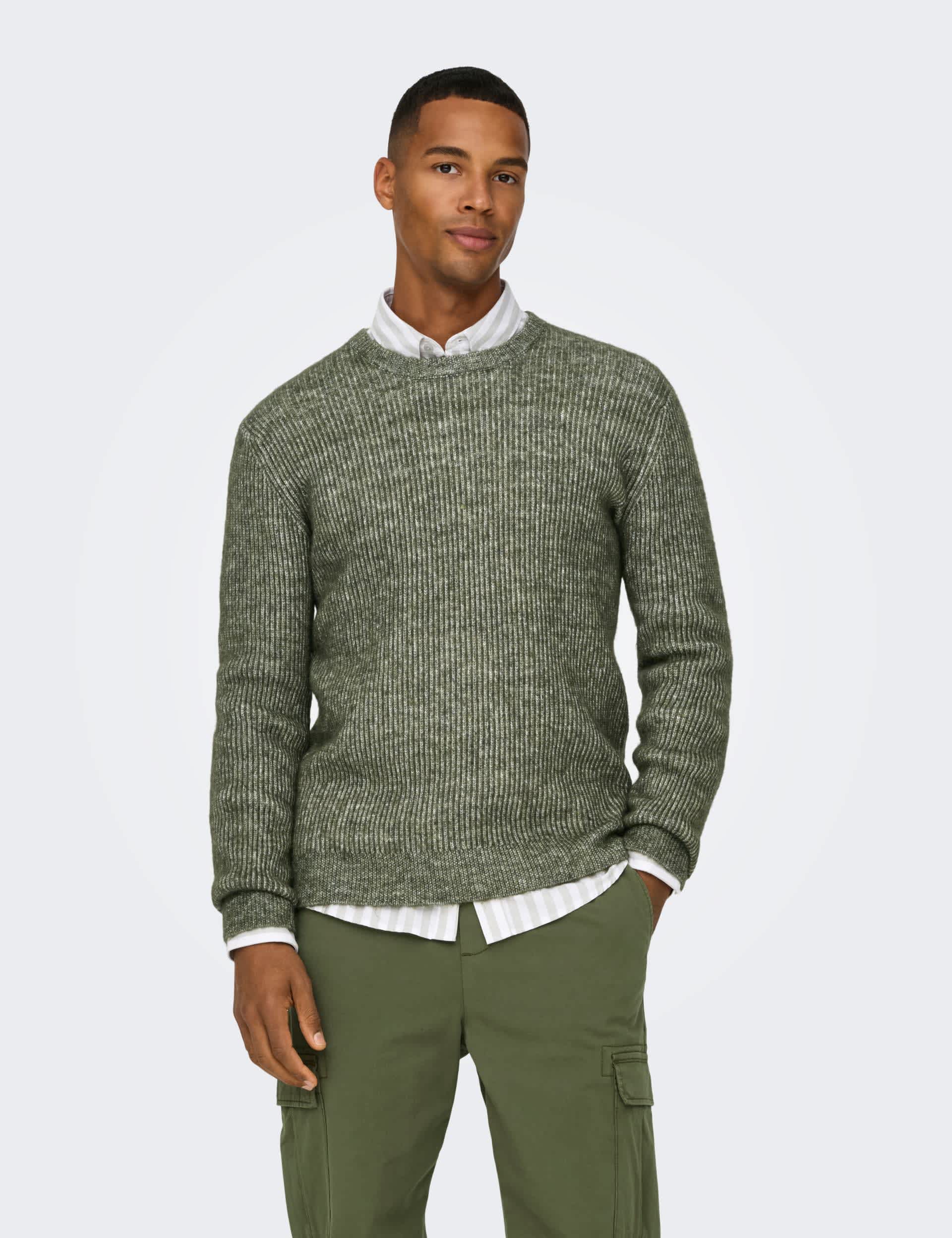 Only & Sons Men's Textured Crew Neck Jumper - L - Khaki, Khaki