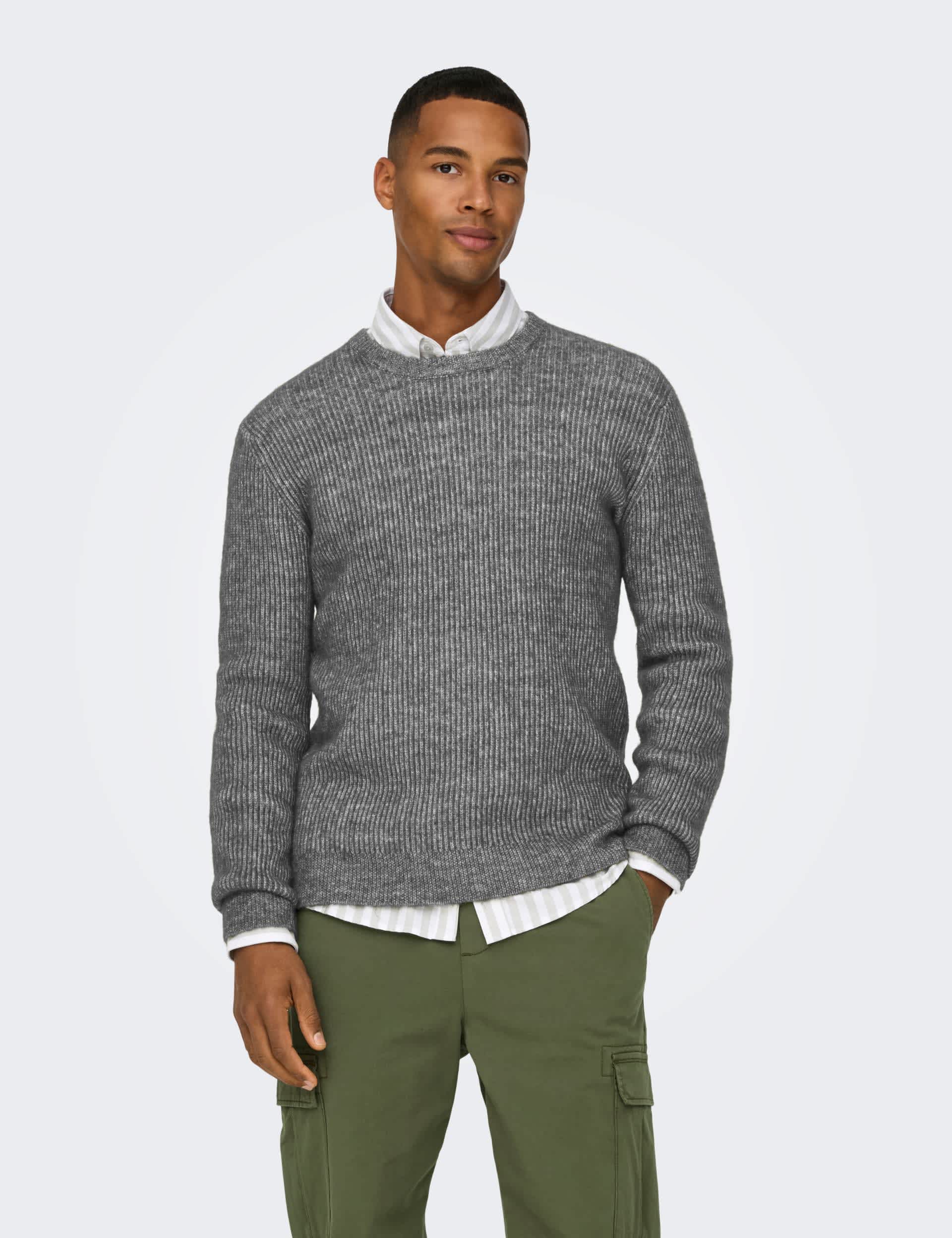 Only & Sons Men's Textured Crew Neck Jumper - L - Grey, Khaki,Grey