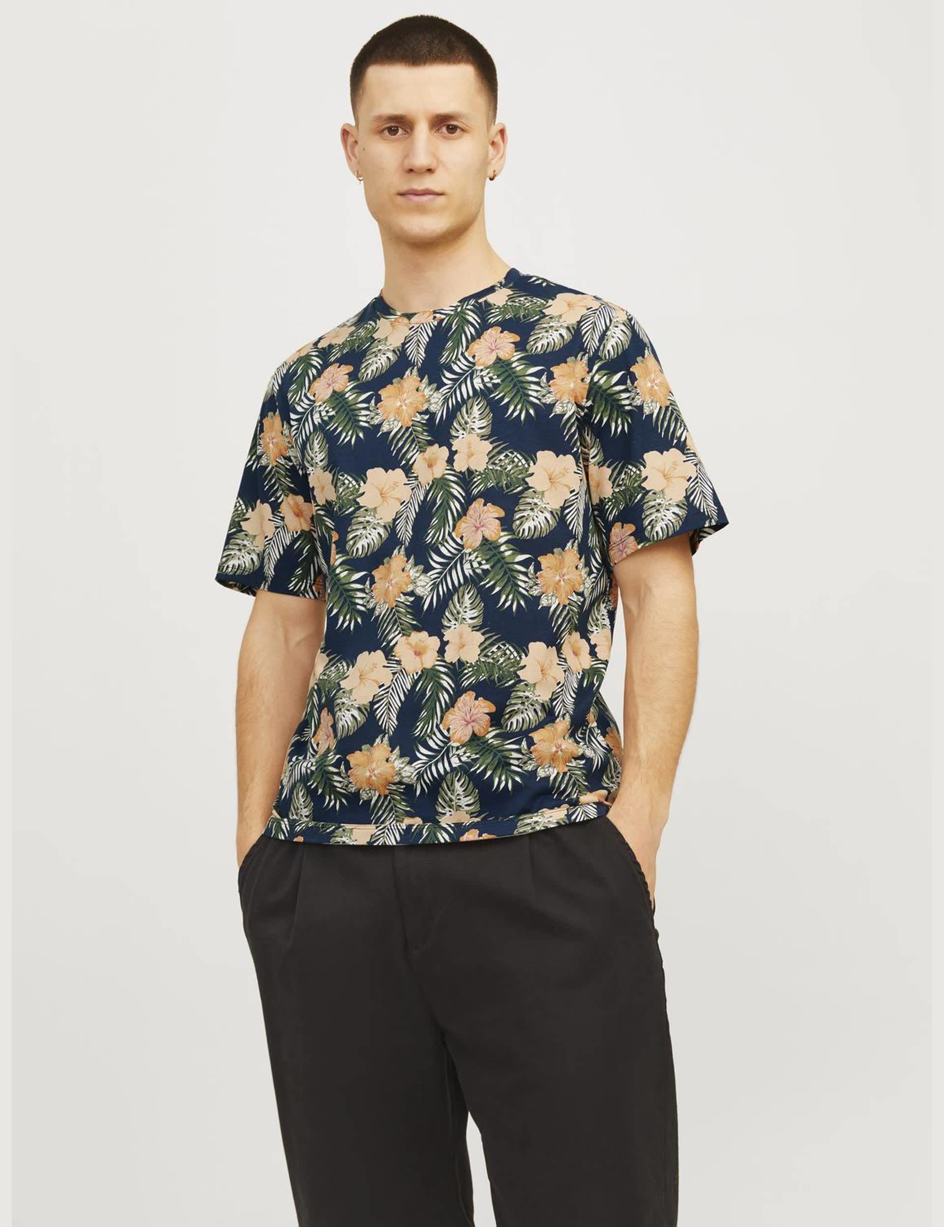 Jack & Jones Men's Pure Cotton Floral Print Crew Neck T-Shirt