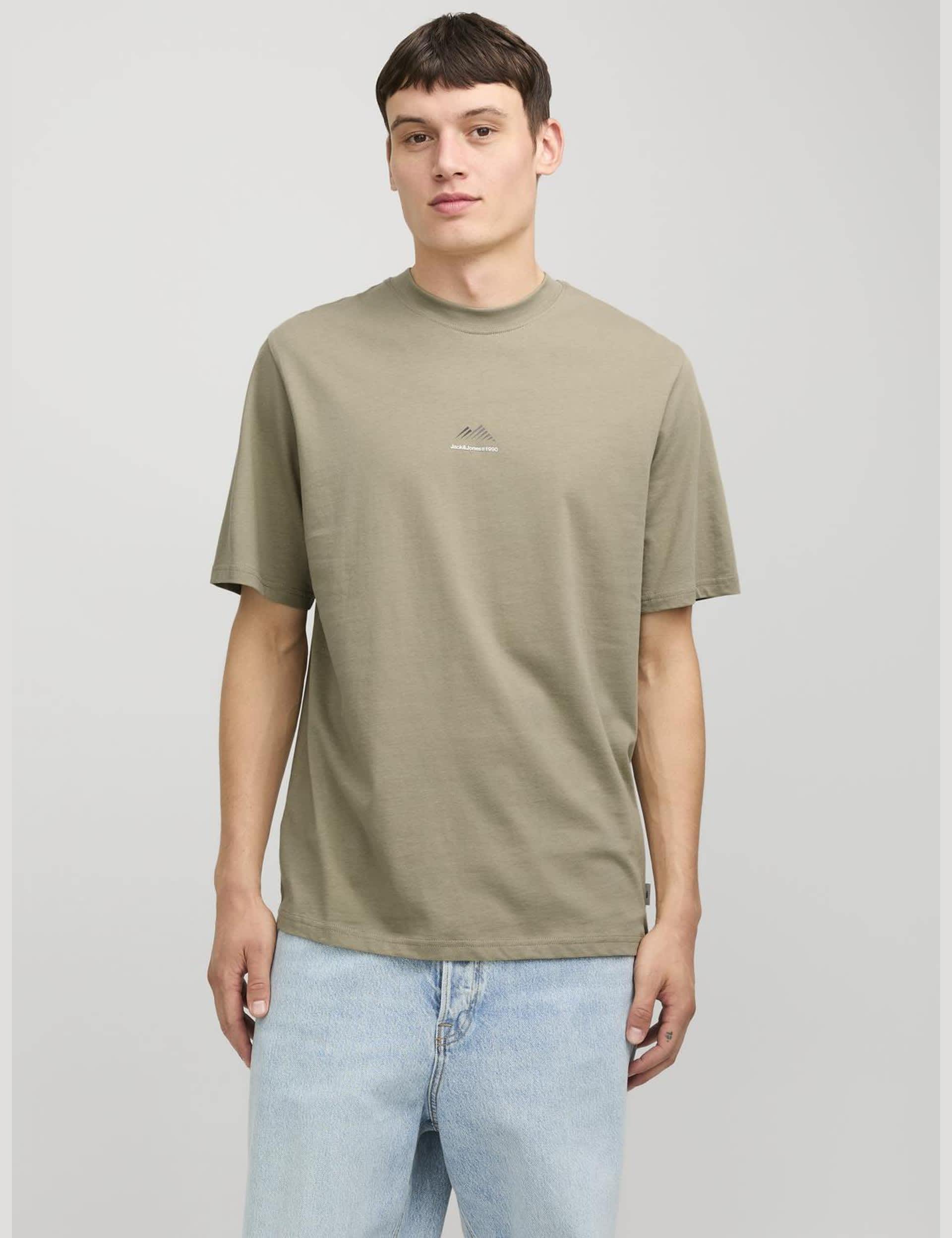 Jack & Jones Men's Pure Cotton Crew Neck Mountain Logo T-Shirt - Tan, Taupe,Tan