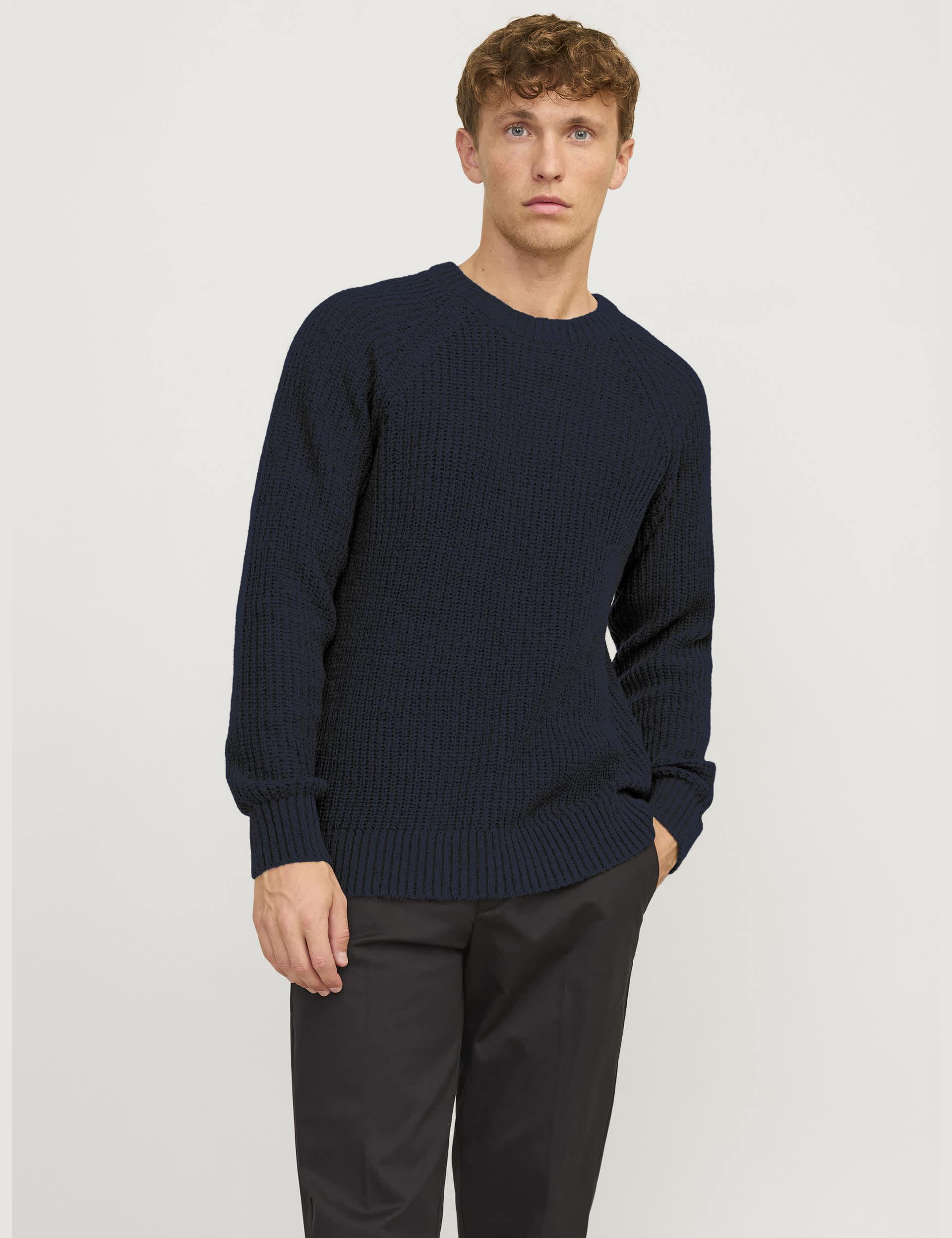 Jack & Jones Men's Ribbed Crew Neck Jumper - L - Navy, Cream,Navy