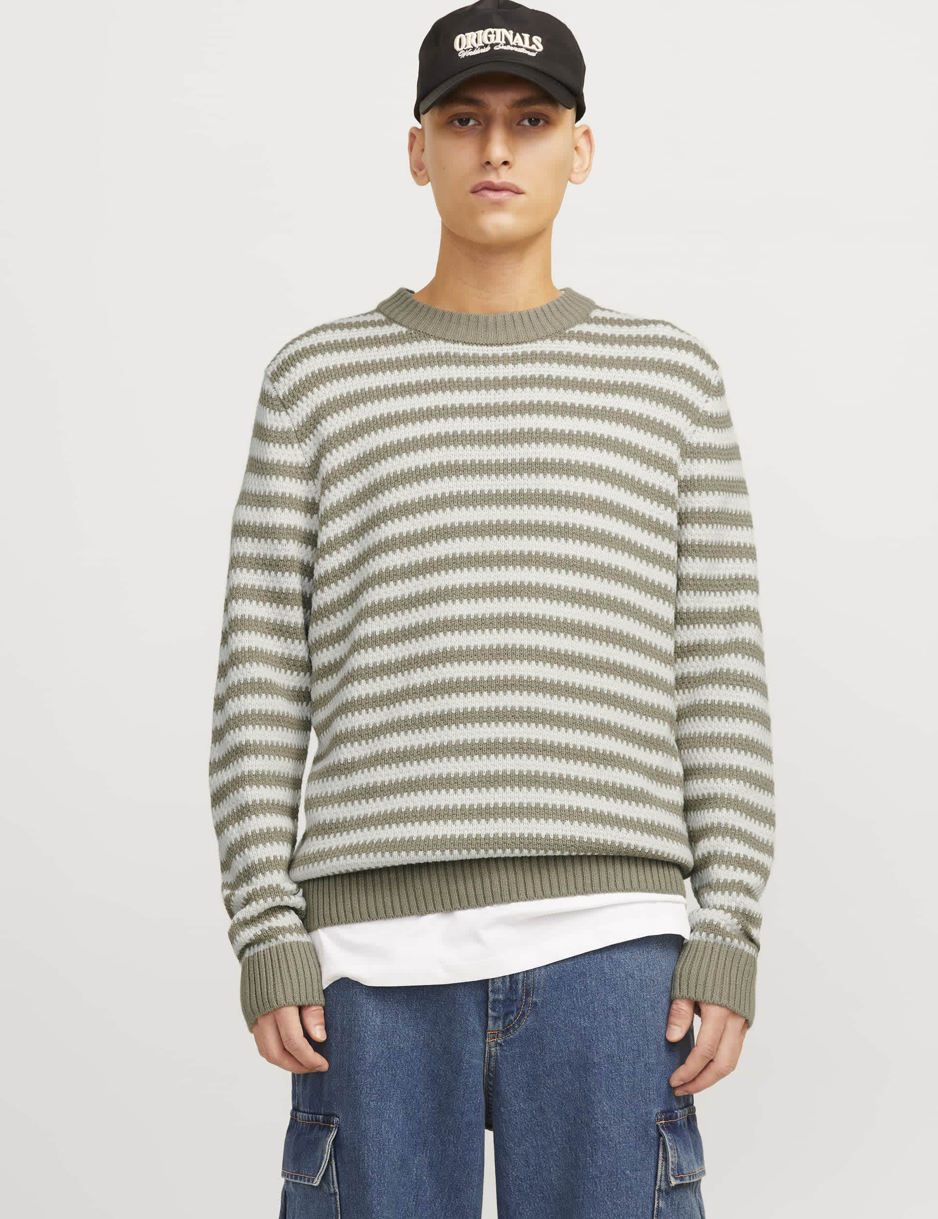 Jack & Jones Men's Cotton Blend Striped Crew Neck Jumper - Cream Mix, Cream Mix