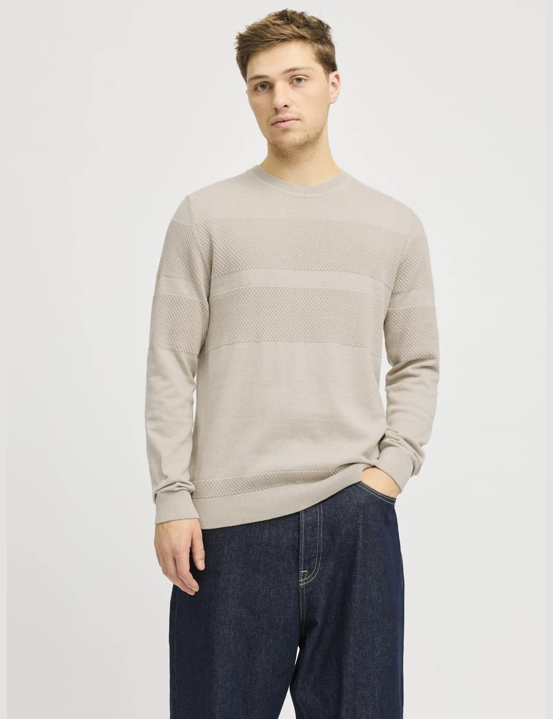 Jack & Jones Men's Cotton Blend Textured Crew Neck Jumper - S - Cream, Khaki,Cream