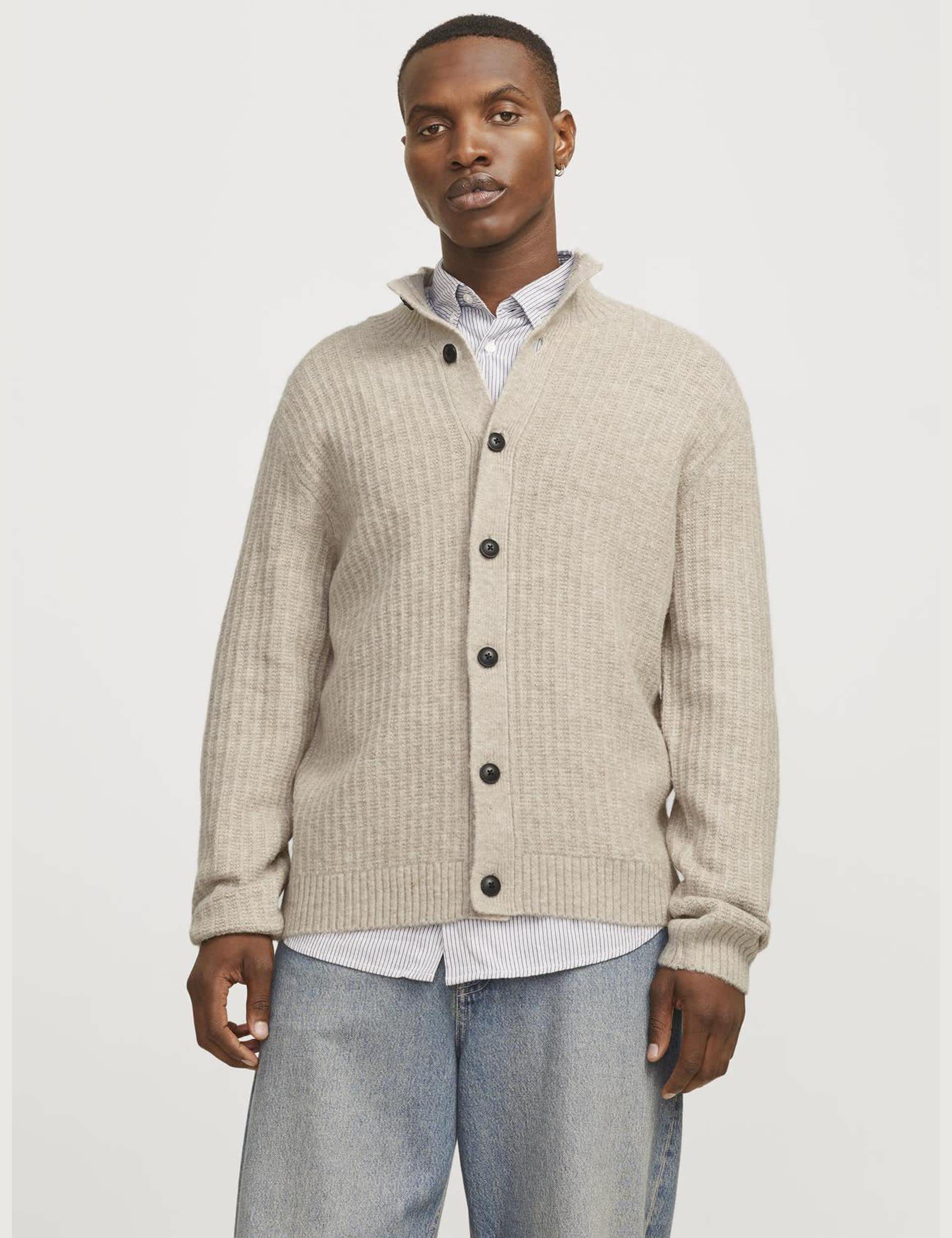 Jack & Jones Men's Ribbed Funnel Neck Cardigan - M - Cream, Cream