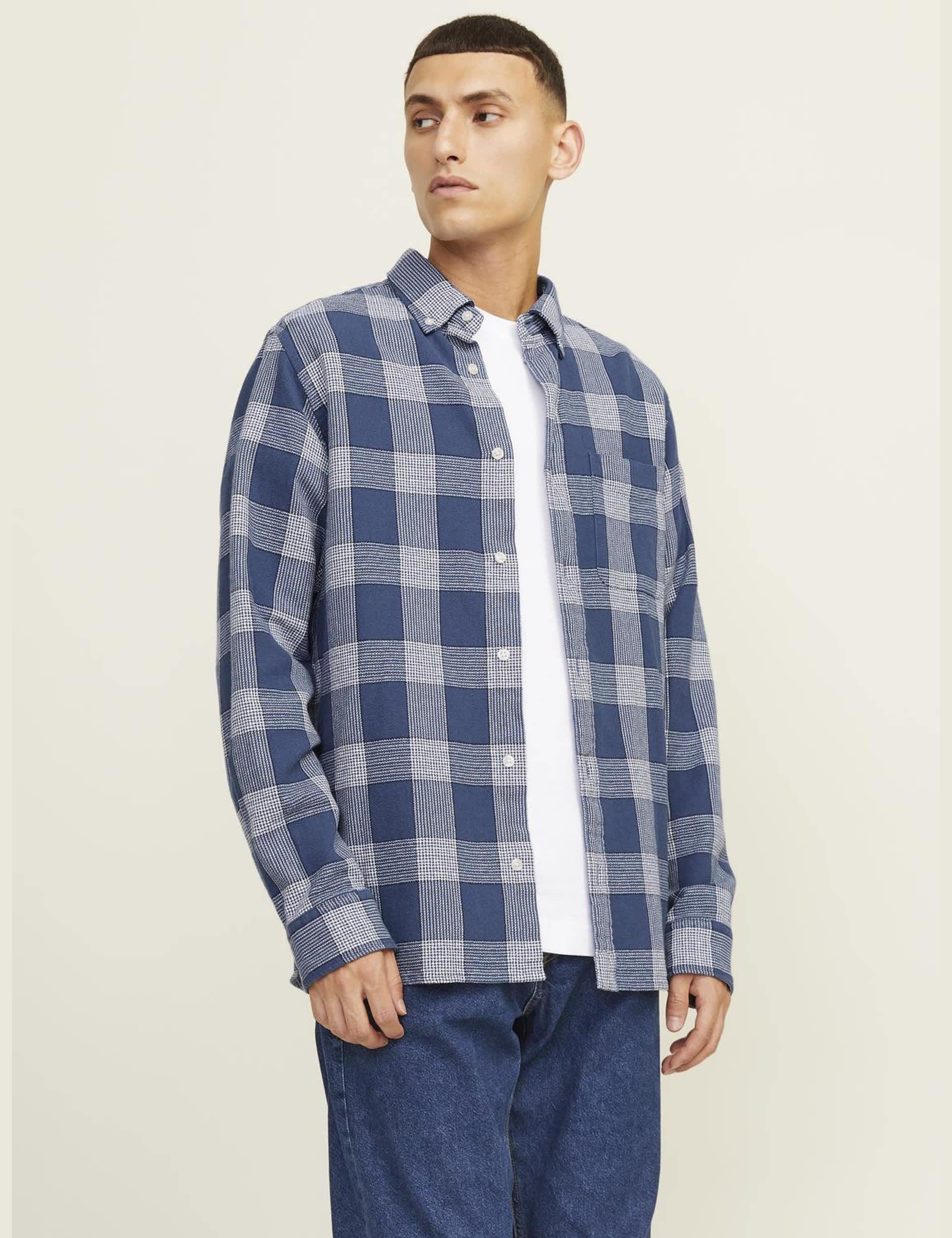 Jack & Jones Men's Pure Cotton Checked Shirt - M - Blue Mix, Blue Mix,Cream Mix