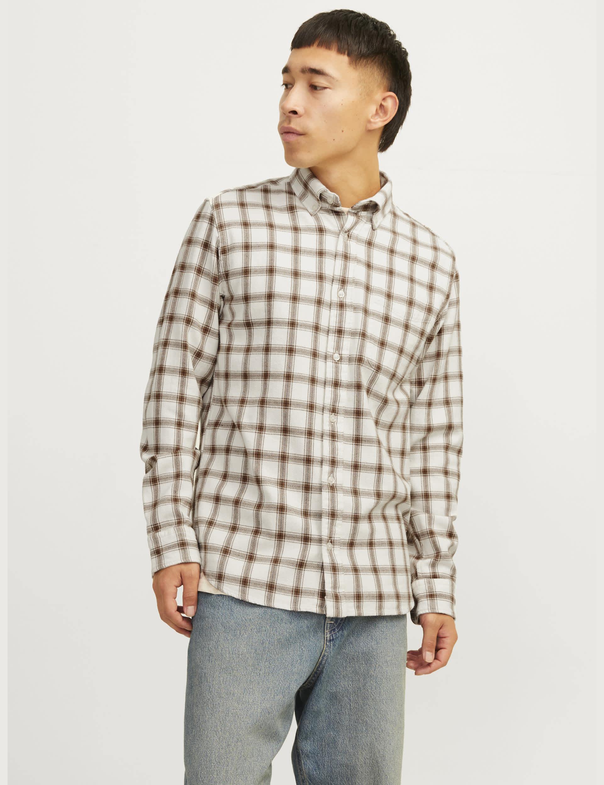 Jack & Jones Men's Pure Cotton Checked Shirt - L - Cream Mix, Cream Mix,Blue Mix