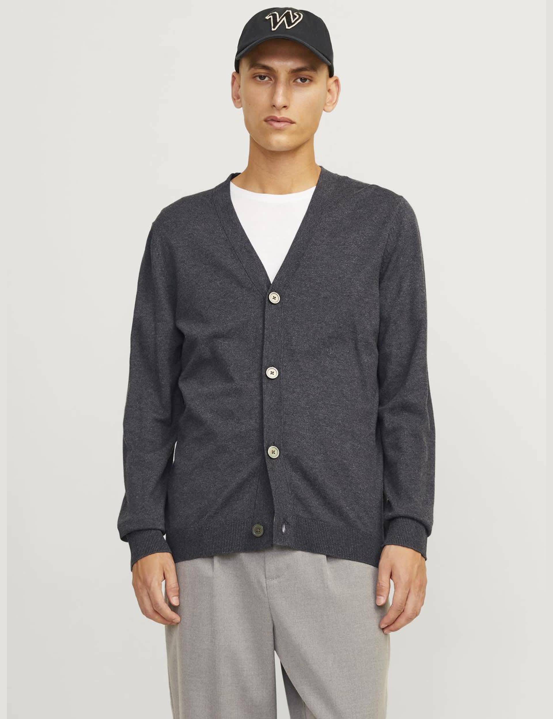 Jack & Jones Men's Cotton Rich V-Neck Cardigan - L - Dark Grey, Black,Dark Grey