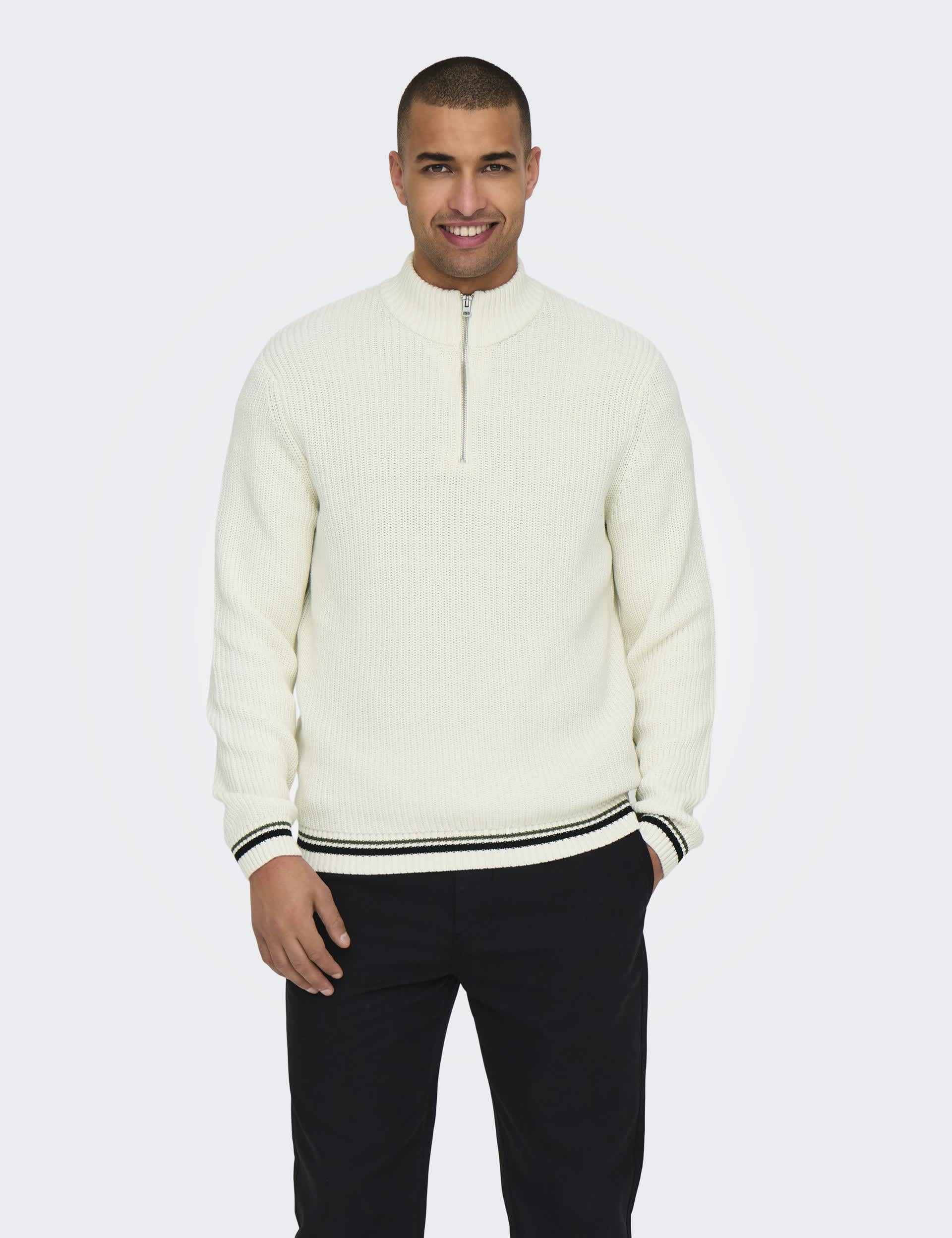 Only & Sons Men's Cotton Rich Funnel Neck Half Zip Jumper - White, Black,White