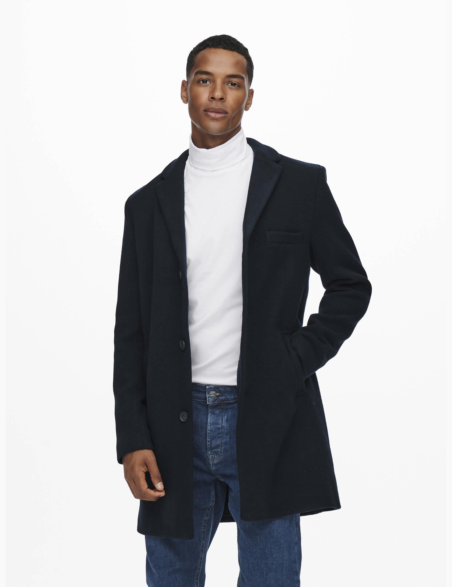 Only & Sons Men's Smart Coat with Wool - XL - Navy, Navy,Grey,Black