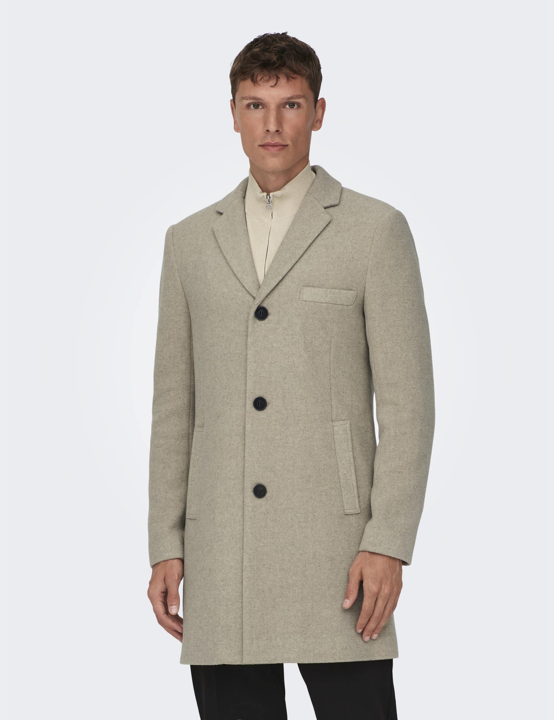 Only & Sons Men's Smart Coat with Wool - Beige, Grey,Black,Beige,Navy