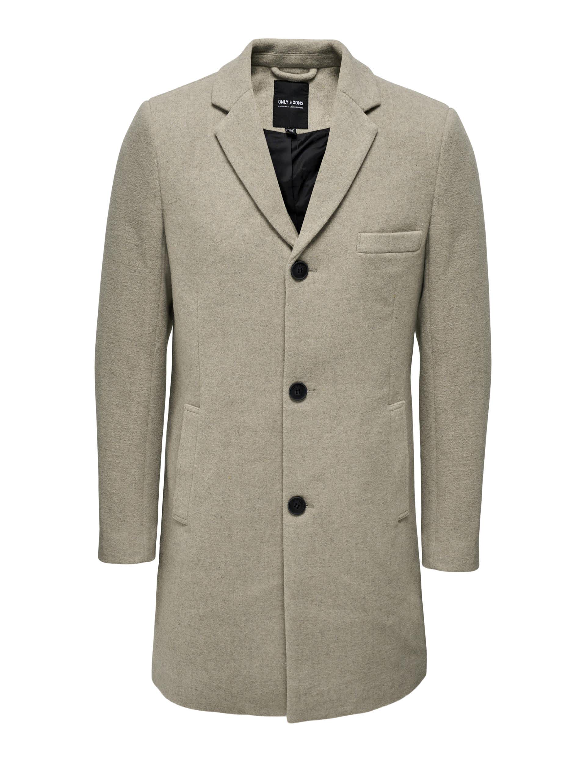 Only & Sons Men's Smart Coat with Wool - Beige, Black,Grey,Beige,Navy