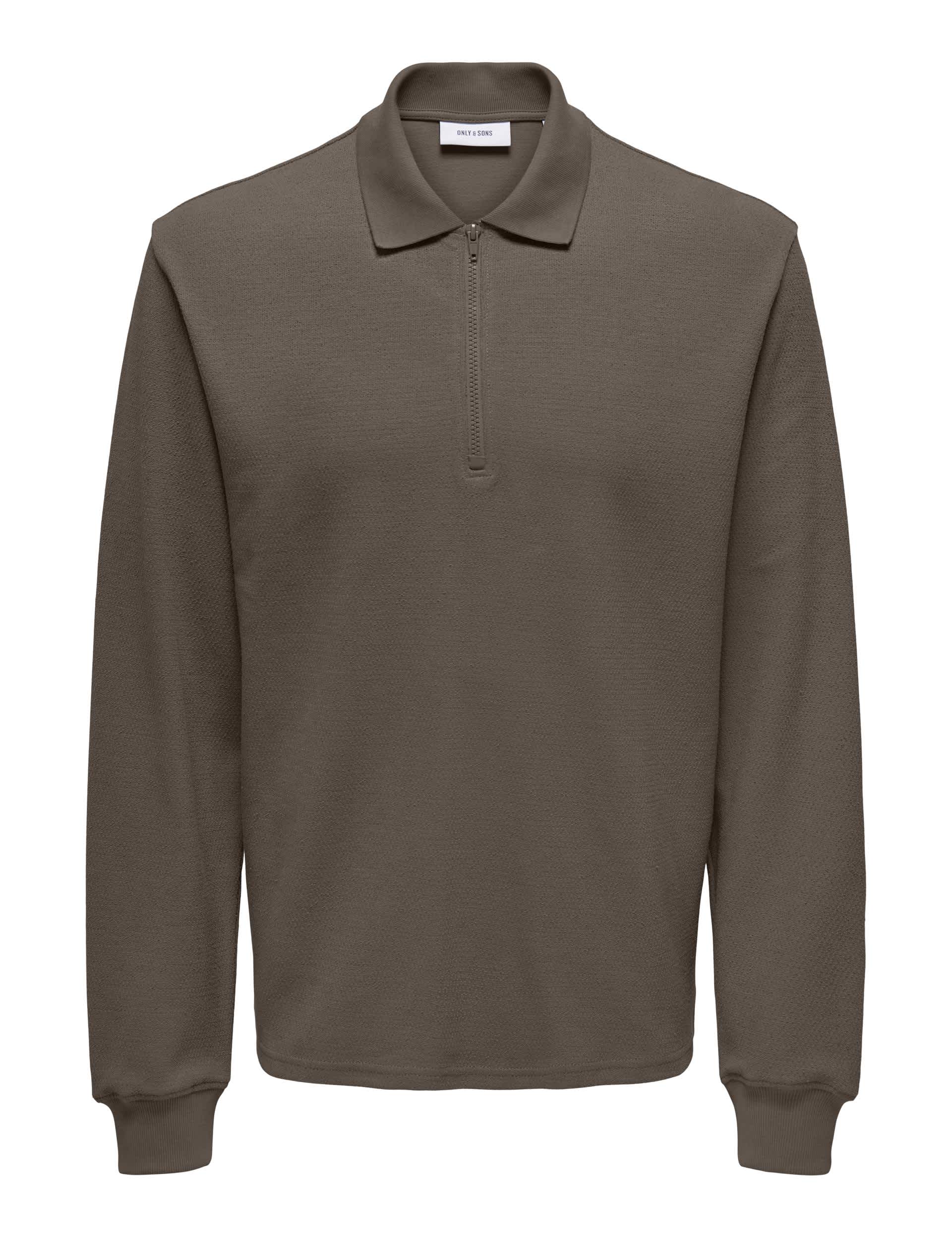 Only & Sons Men's Cotton Rich Half Zip Long Sleeve Polo Shirt - Brown, White,Brown