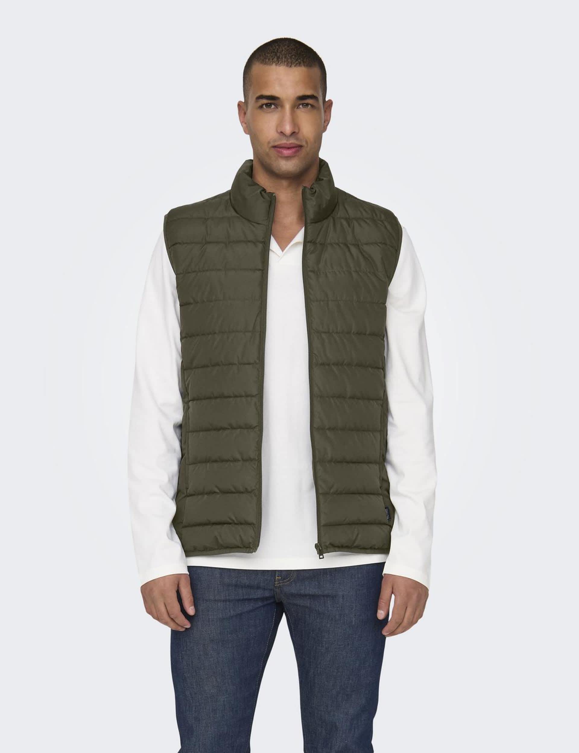 Only & Sons Men's Quilted Zip-Up Gilet - Khaki, Khaki,Navy