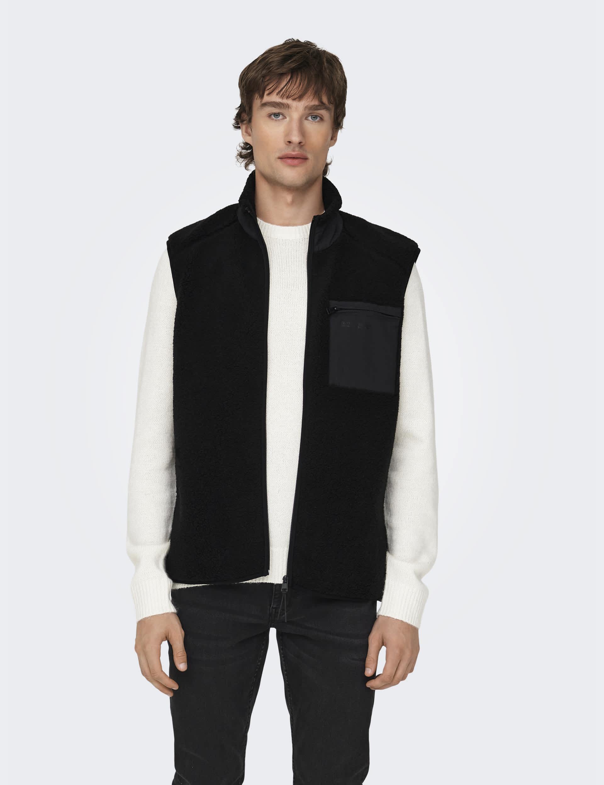 Only & Sons Men's Fleece Funnel Neck Gilet - Black, Khaki,Black