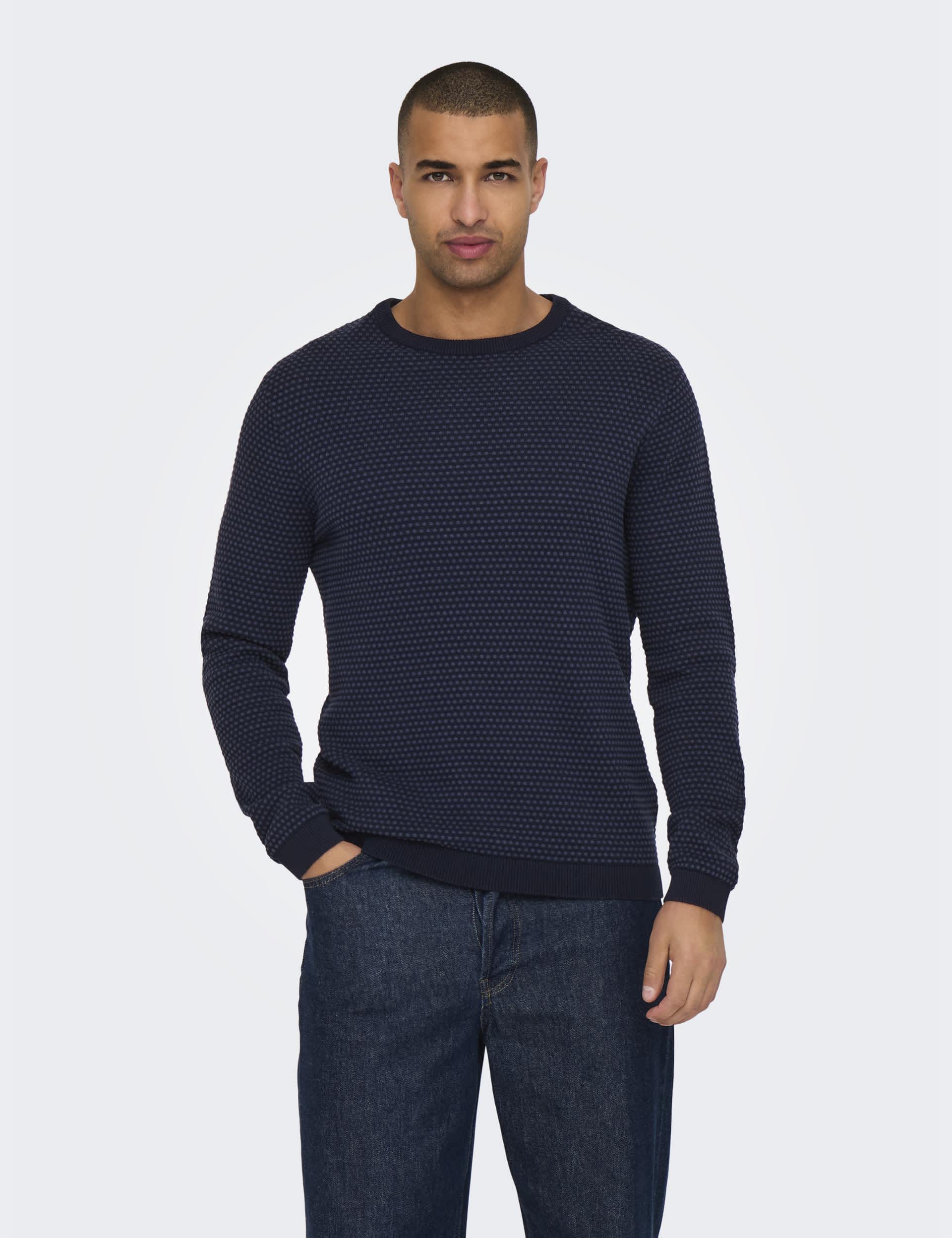 Only & Sons Men's Pure Cotton Patterned Crew Neck Jumper - Navy, Navy