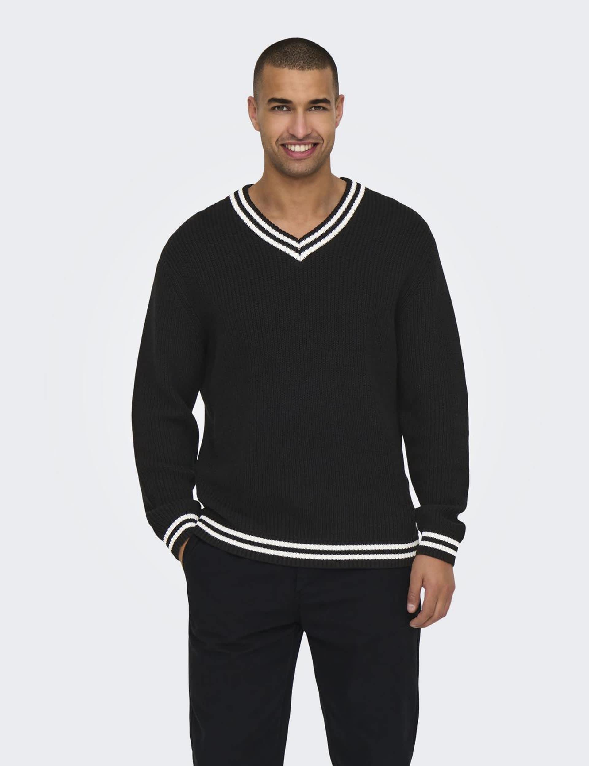 Only & Sons Men's Cotton Rich V-Neck Jumper - Black, Black,Khaki