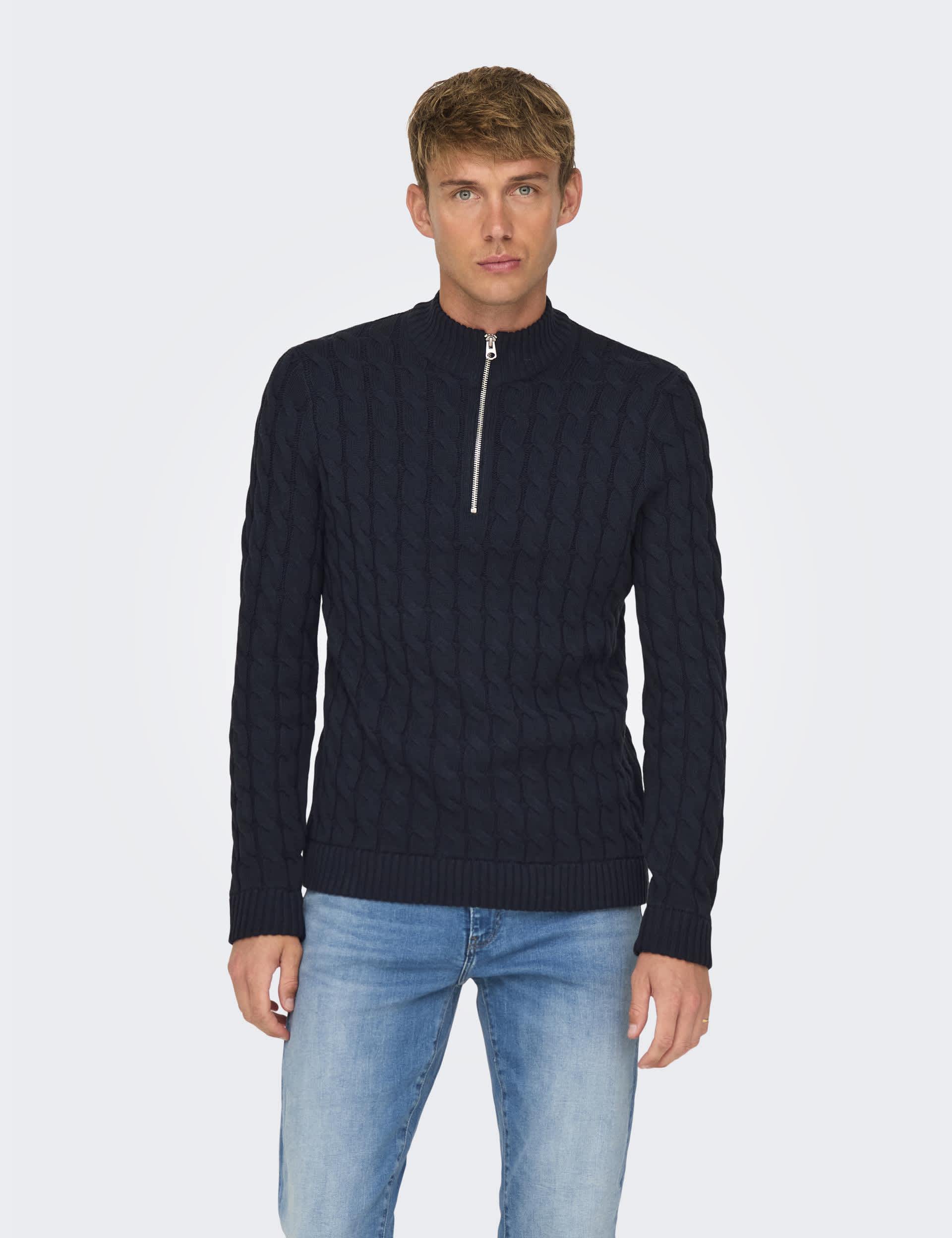 Only & Sons Men's Cotton Rich Cable Knit Funnel Neck Knitted Top - Navy, Navy,Grey