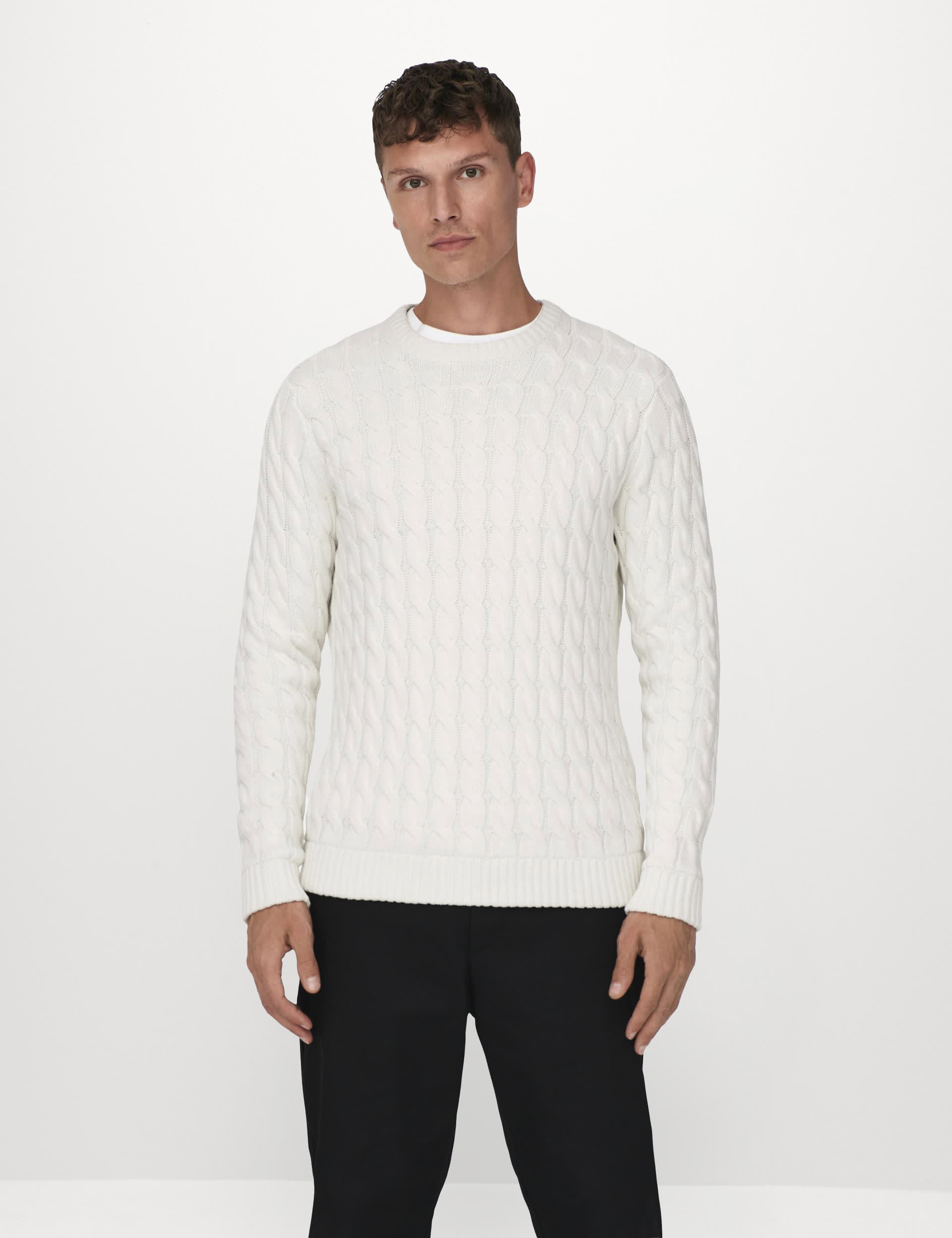 Only & Sons Men's Cotton Rich Cable Crew Neck Jumper - White, Navy,White