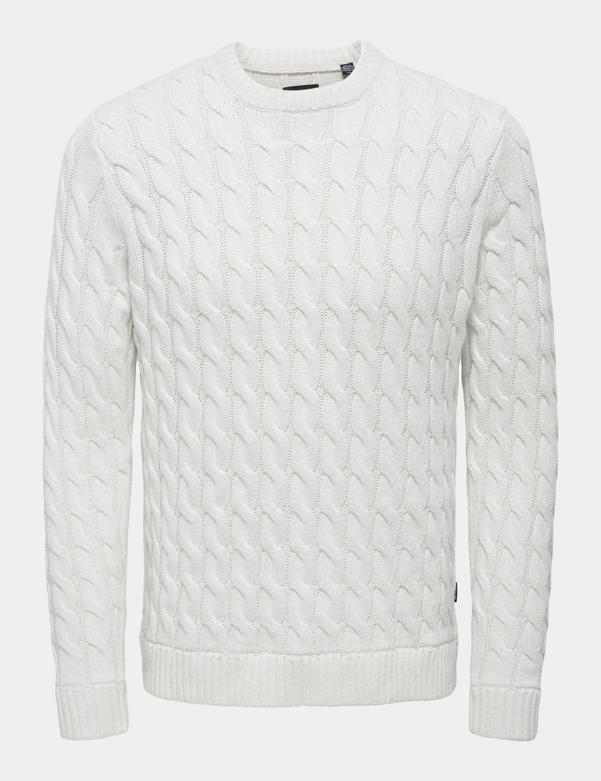 Only & Sons Men's Cotton Rich Cable Crew Neck Jumper - White, White