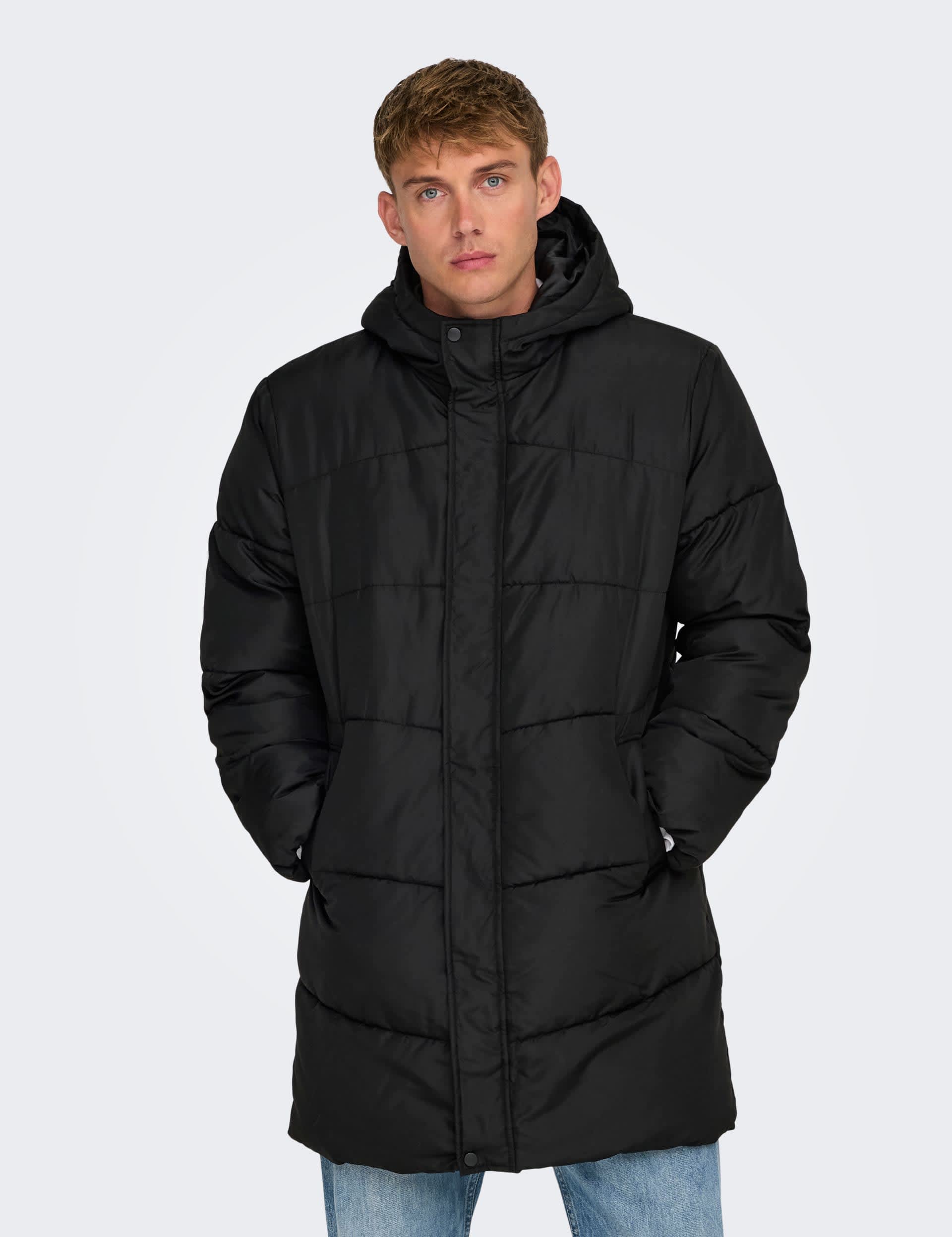 Only & Sons Men's Hooded Puffa Jacket - L - Black, Black