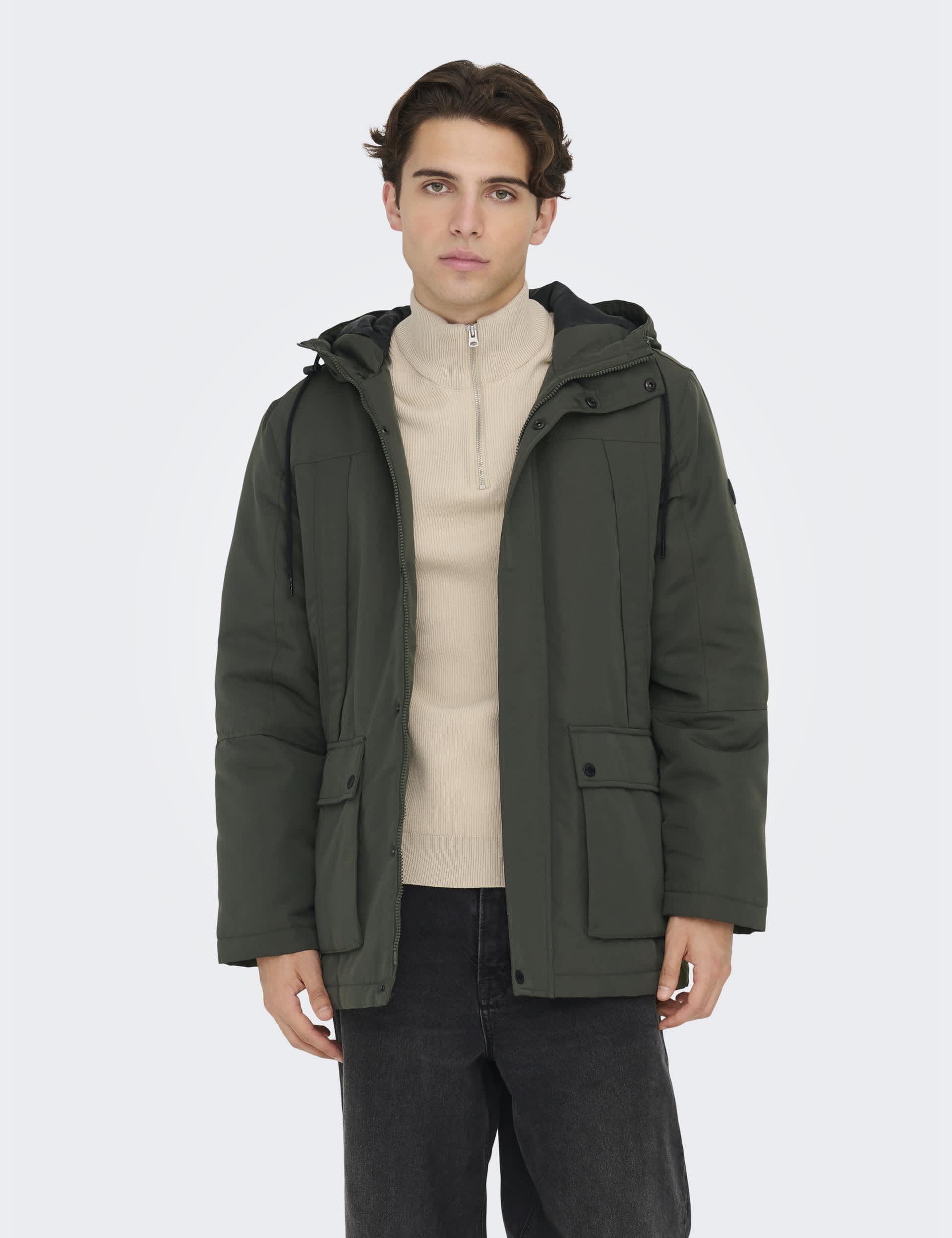 Only & Sons Men's Hooded Parka Jacket - XXL - Green, Green