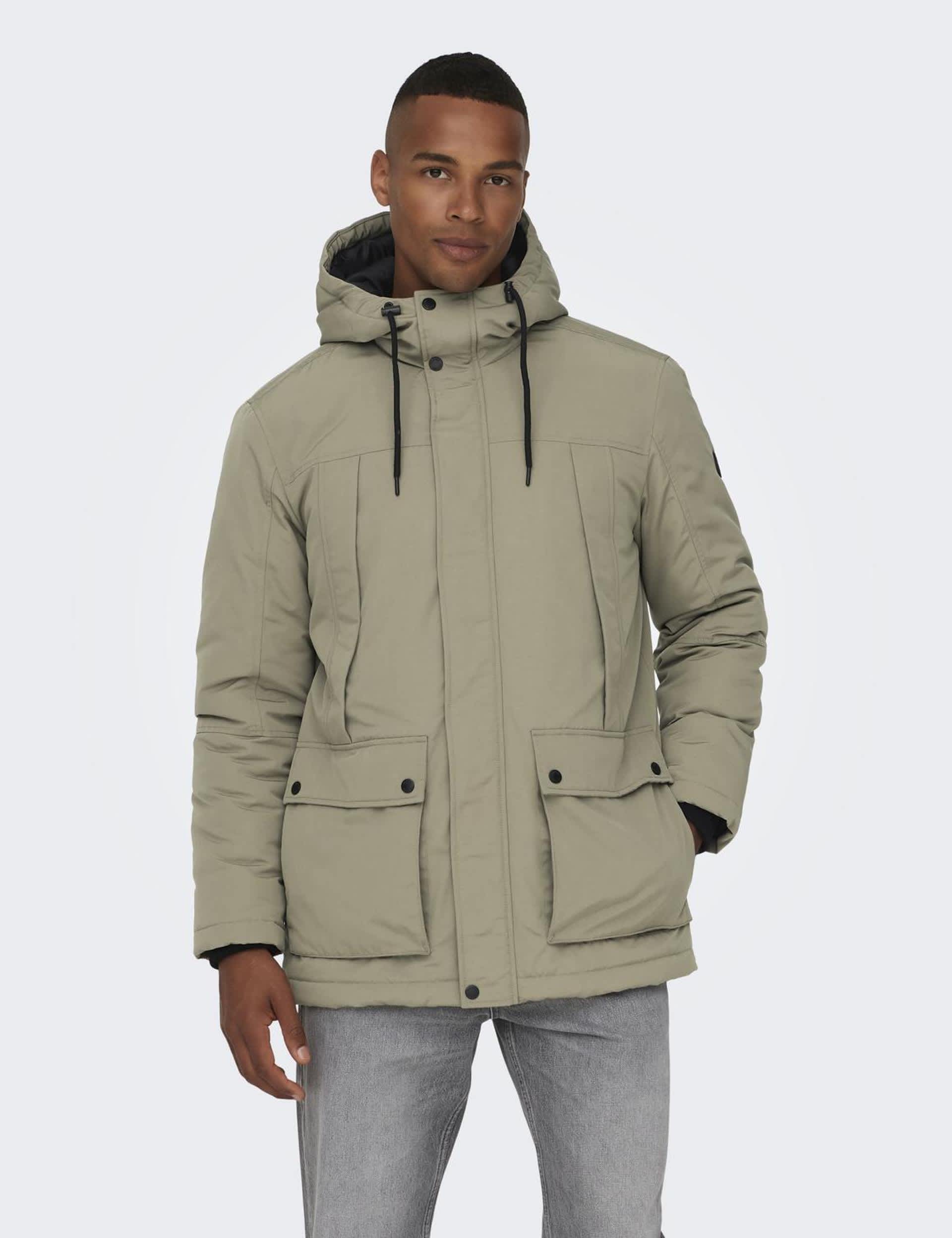 Only & Sons Men's Hooded Parka Jacket - L - Beige, Beige,Green