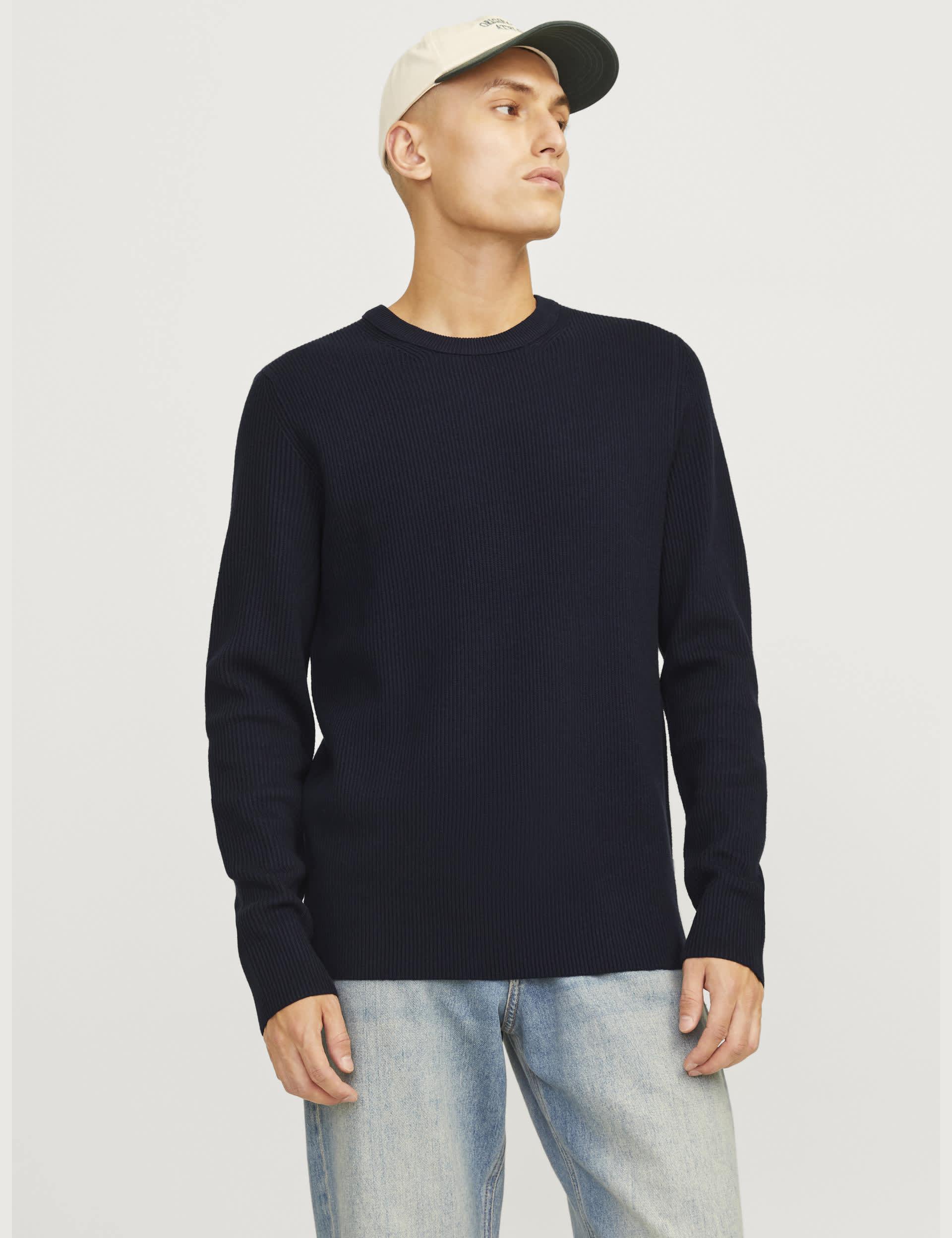 Jack & Jones Men's Cotton Blend RibbedCrew Neck Jumper - Navy, Navy,Beige