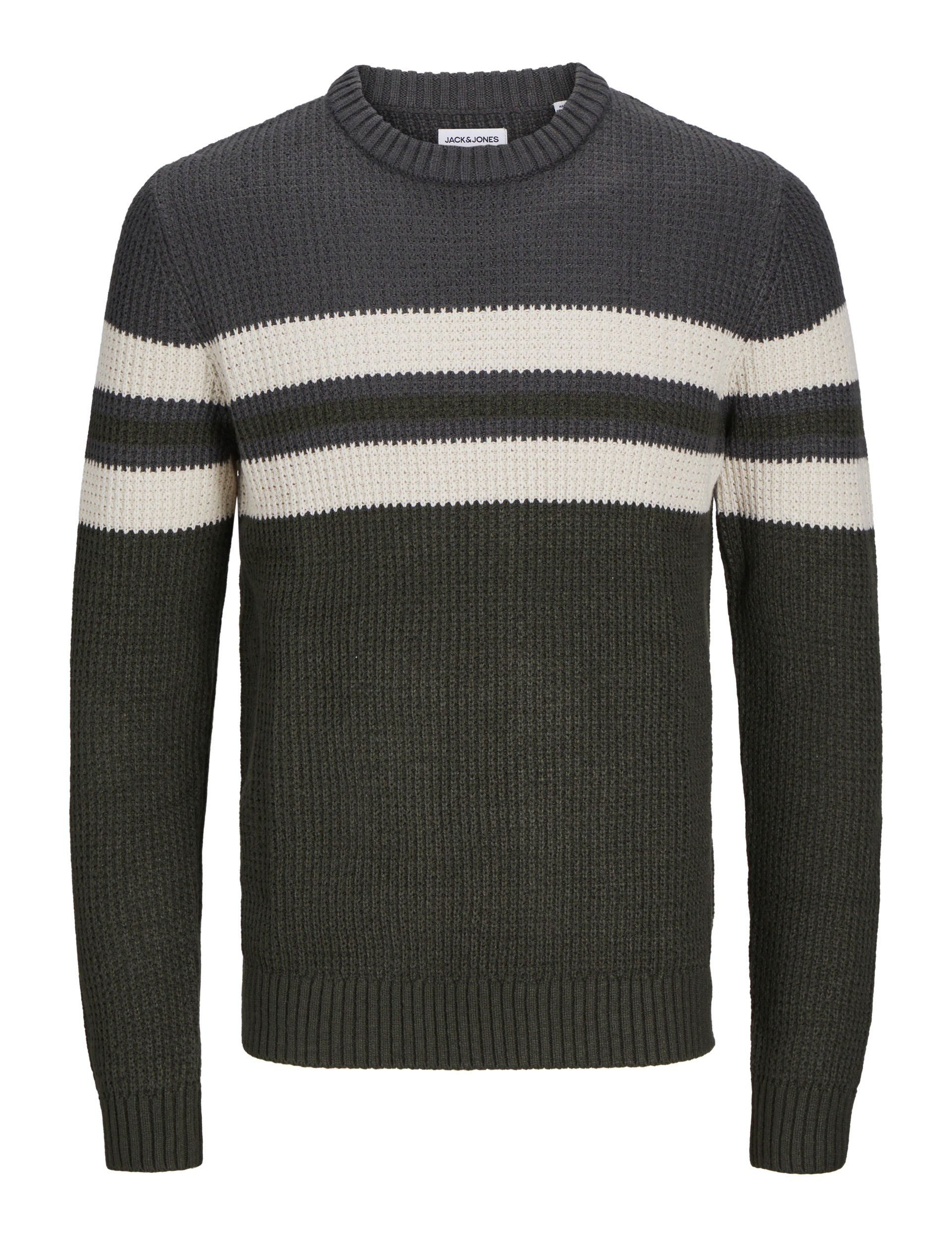 Jack & Jones Men's Cotton Blend Striped Jumper - Grey Mix, Grey Mix,Beige Mix