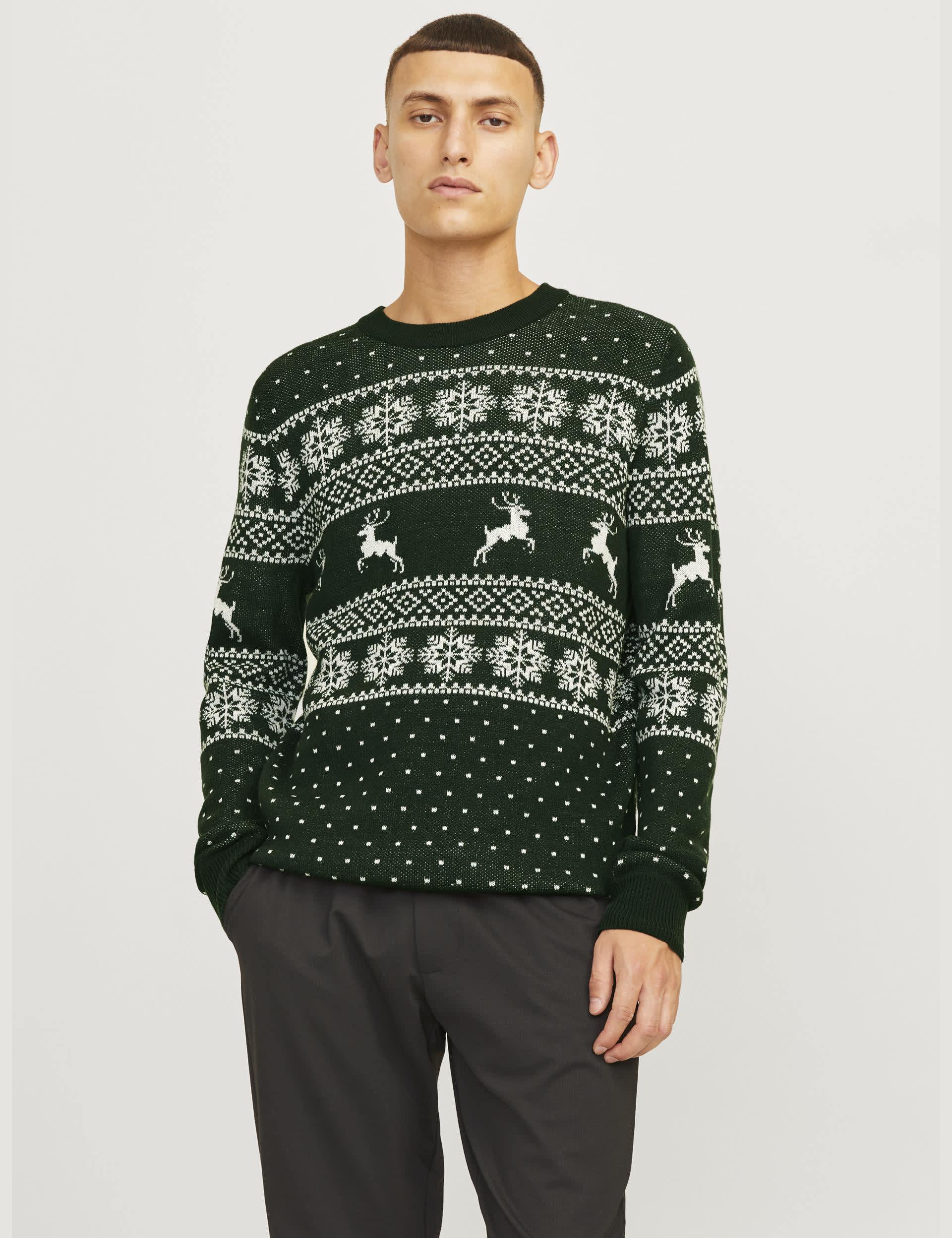 Jack & Jones Men's Crew Neck Christmas Jumper - L - Green Mix, Green Mix,Red Mix