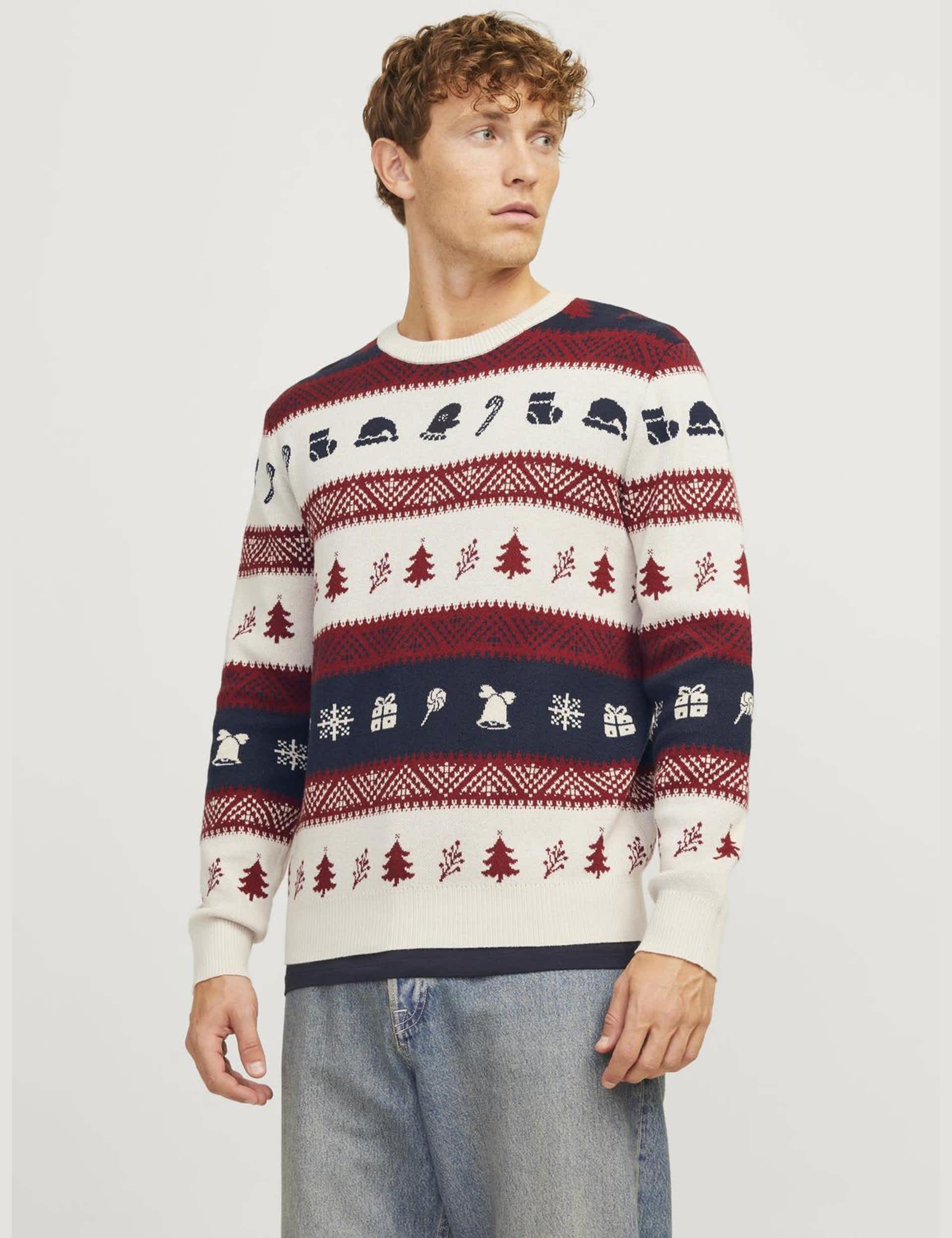 Jack & Jones Men's Cotton Rich Crew Neck Christmas Jumper - L - White Mix, White Mix