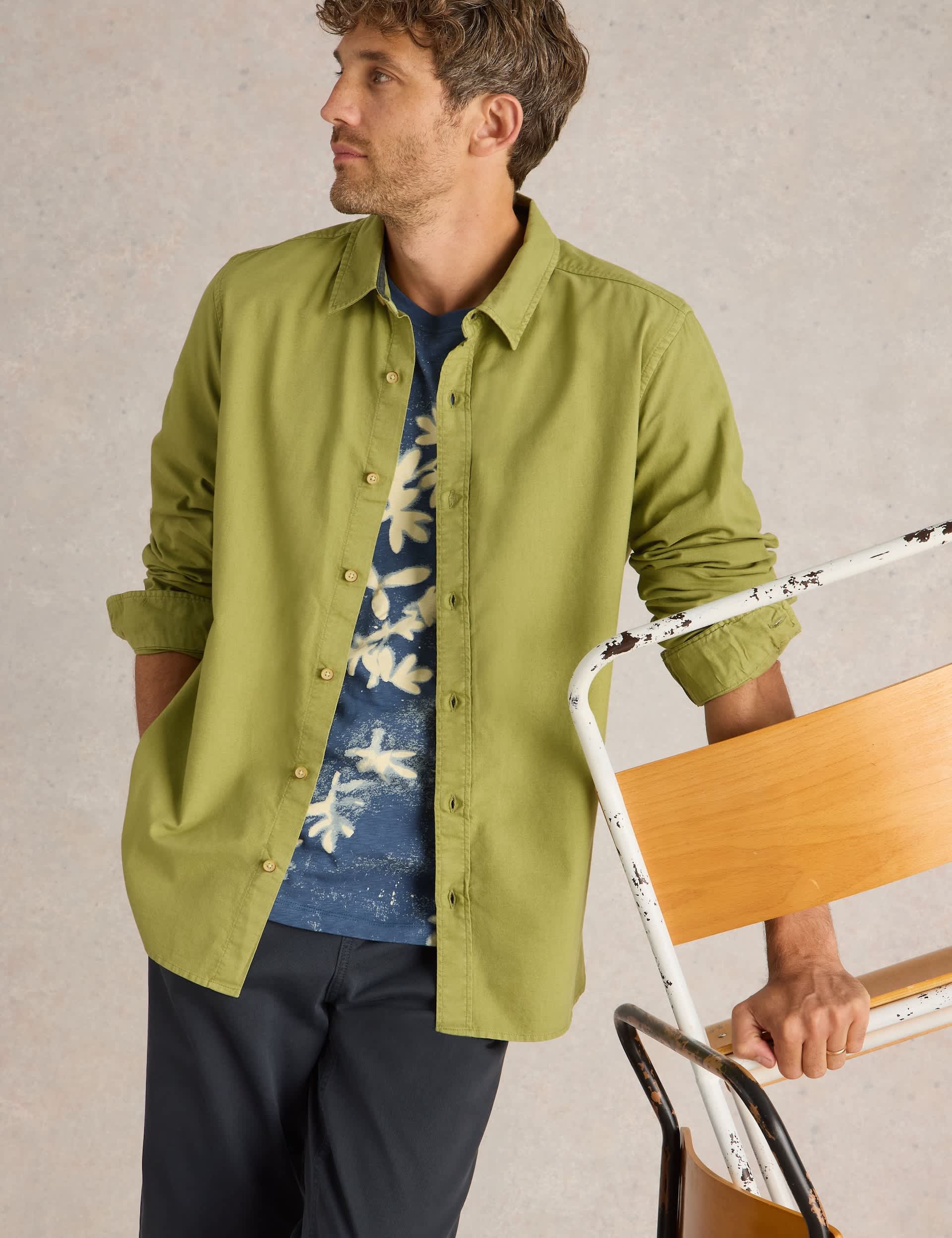 White Stuff Men's Pure Cotton Oxford Shirt - L - Green, Green,Tan