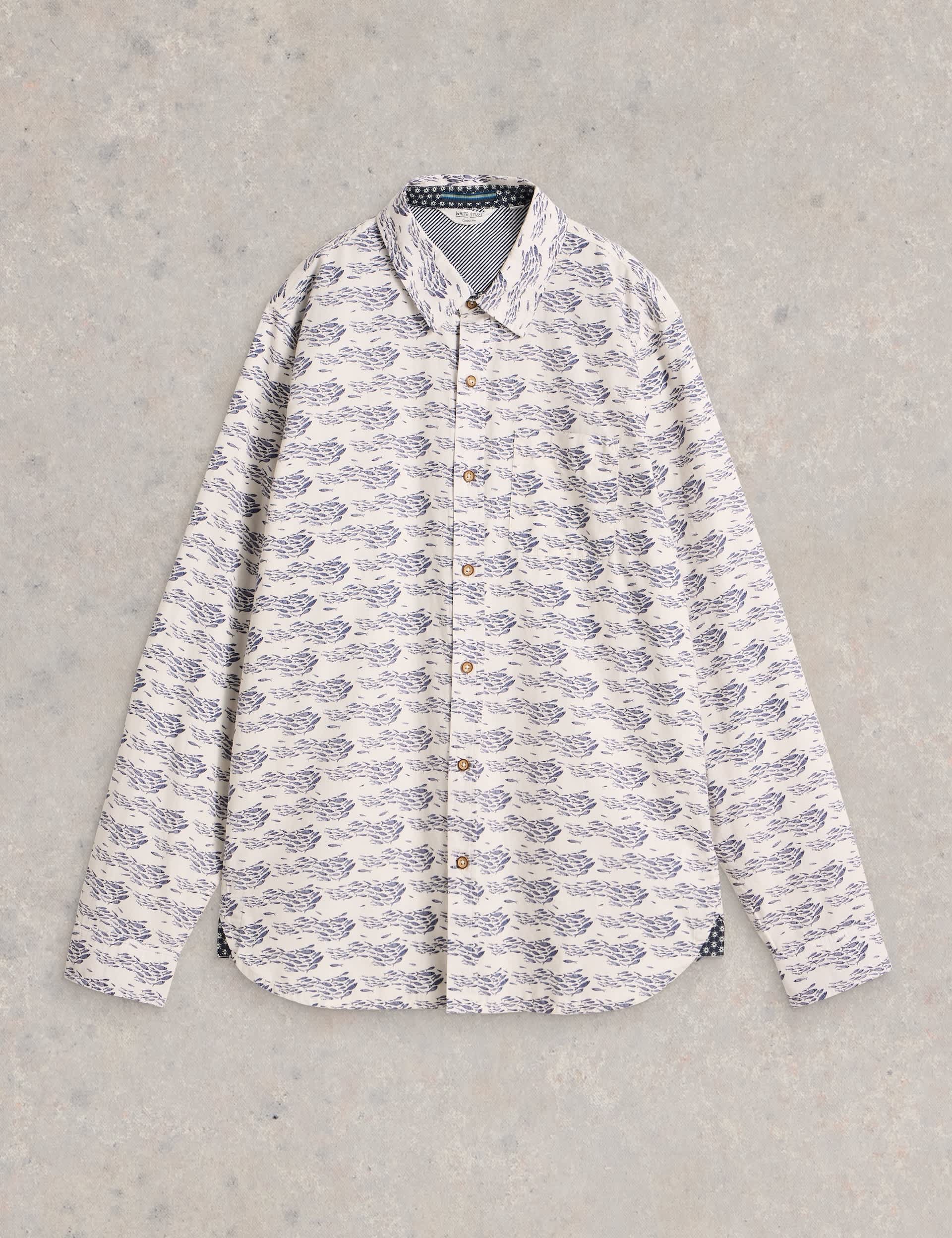 White Stuff Men's Pure Cotton Shoal Fish Print Shirt - White Mix, White Mix