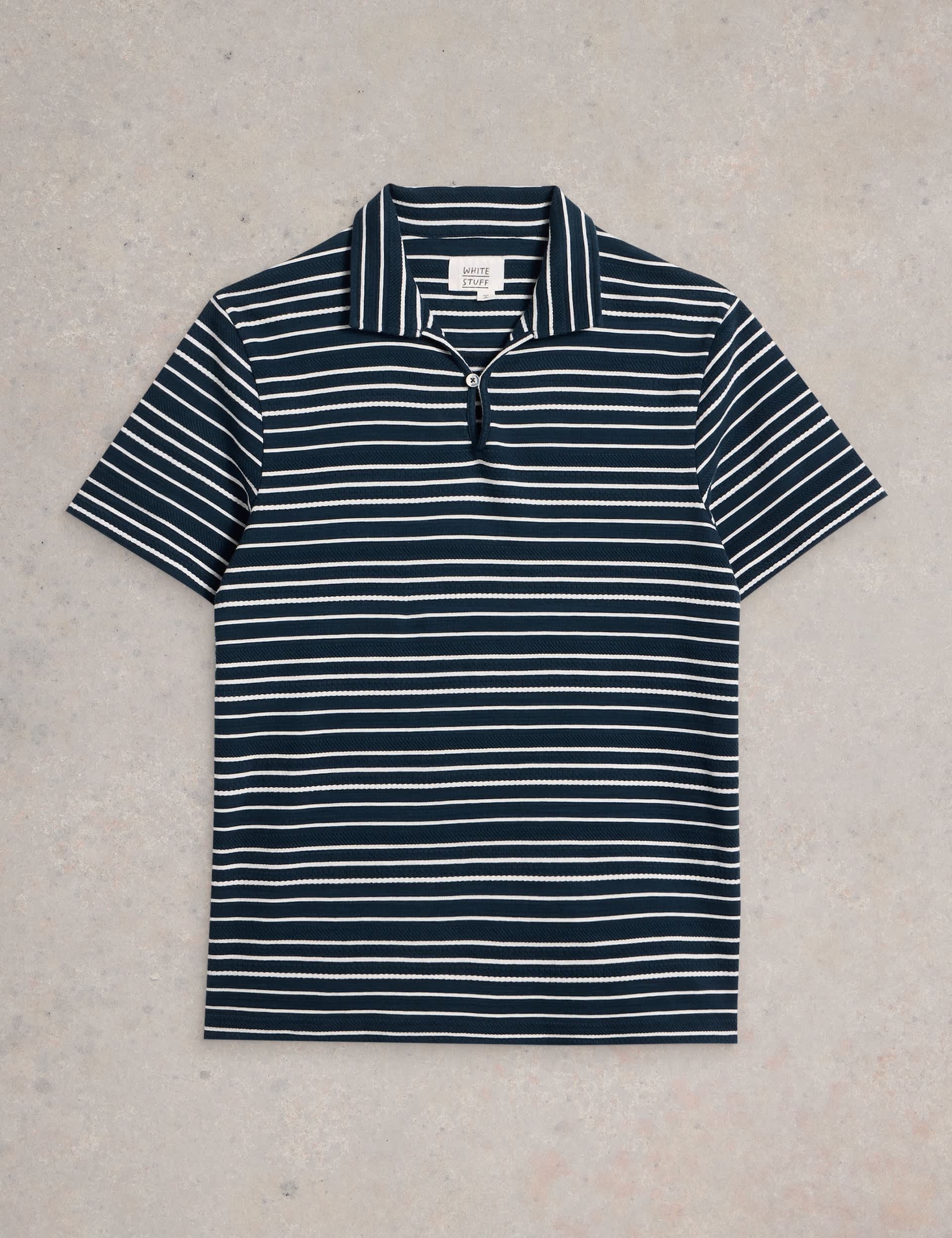 White Stuff Men's Pure Cotton Jacquard Striped Polo Shirt - Navy Mix, Navy Mix